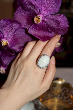 Vintage 14K White Gold Diamond Opal Cocktail Ring