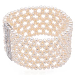 Vintage 14k White Gold Diamond Pearl Stretch Cuff Bracelet
