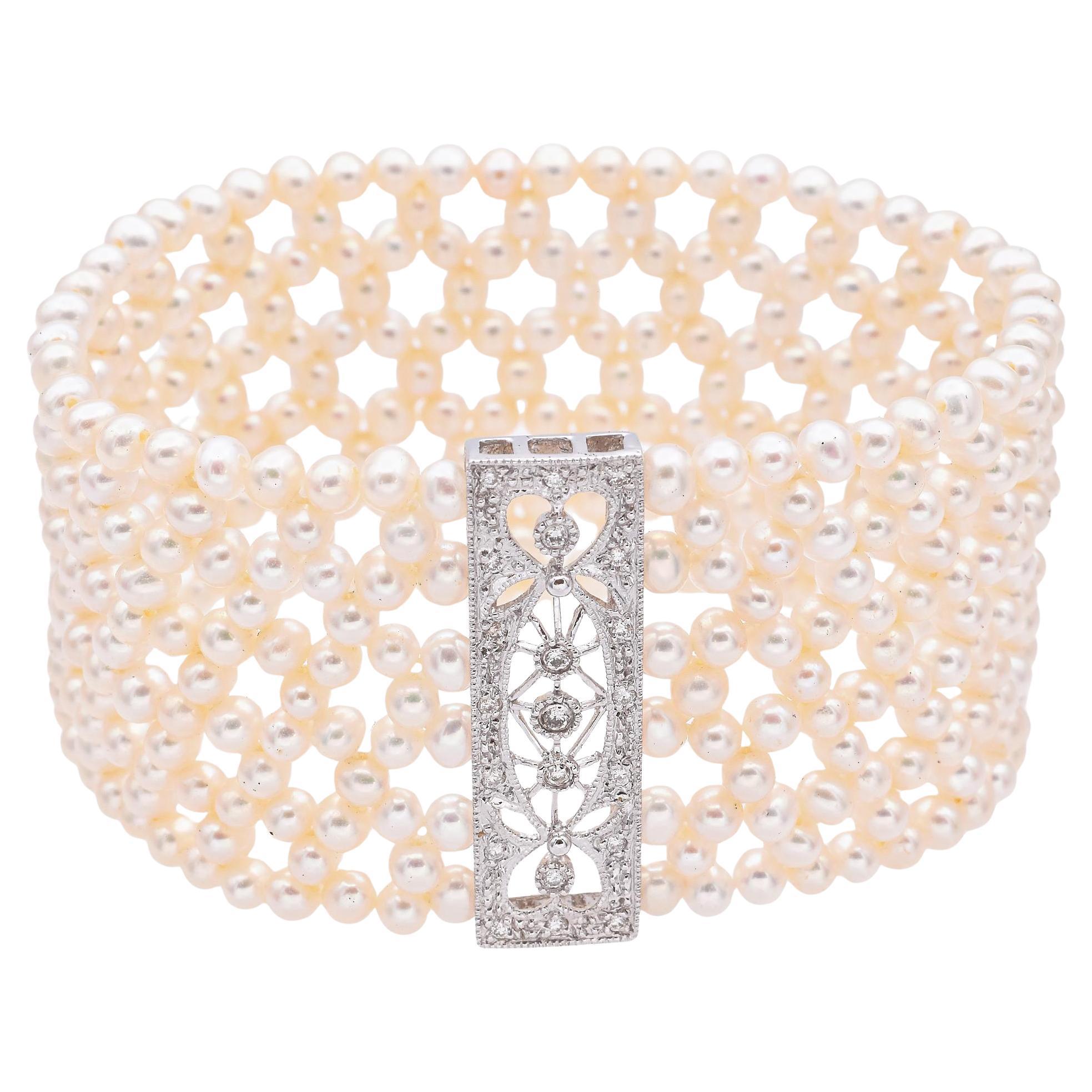 Vintage 14k Weißgold Diamant Perle Stretch Manschette Armband