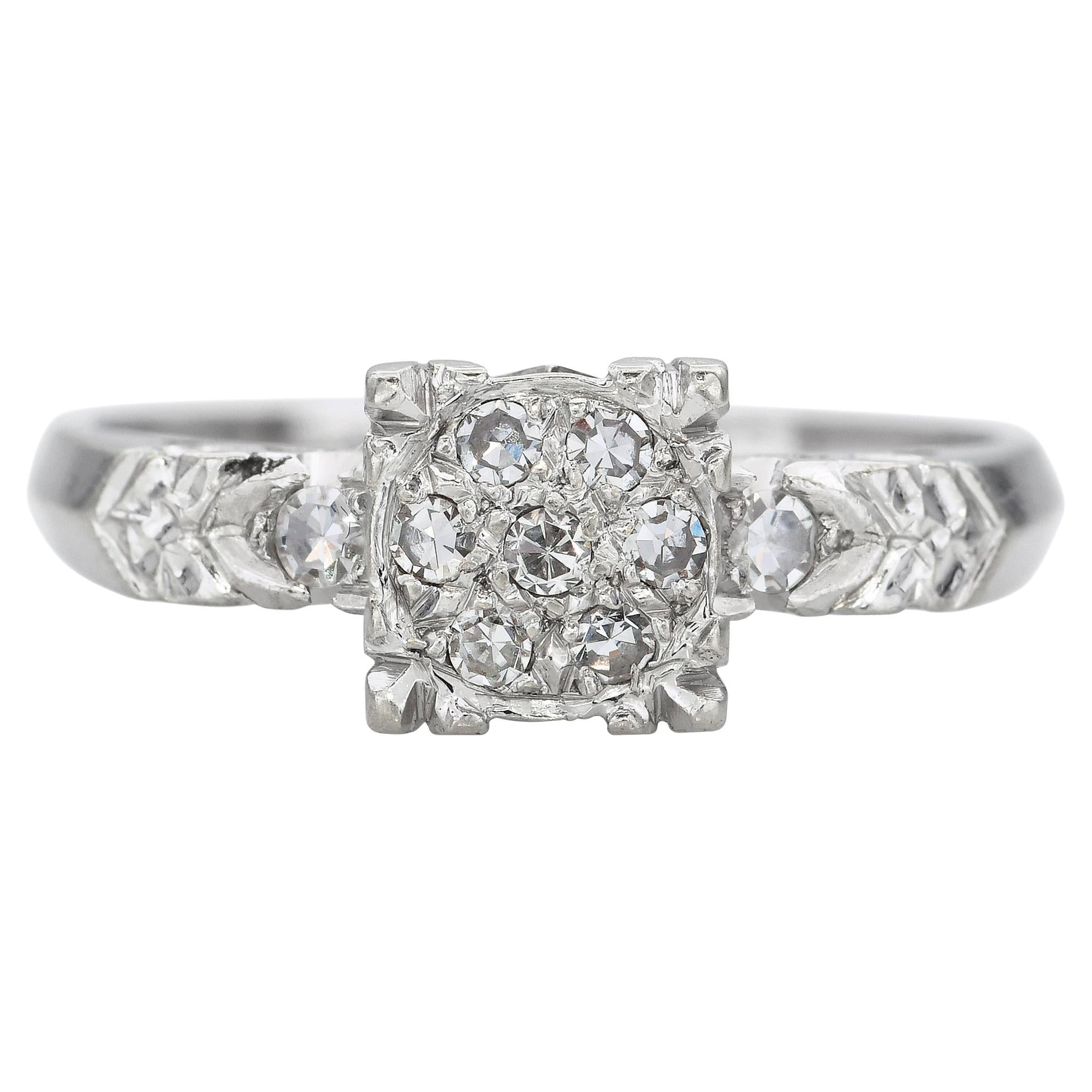Anillo de diamantes vintage de oro blanco de 14k