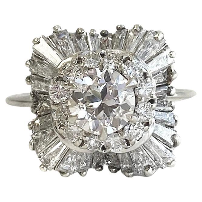 Vintage 14k White Gold Diamond Ring with Old European Cut Diamond For Sale