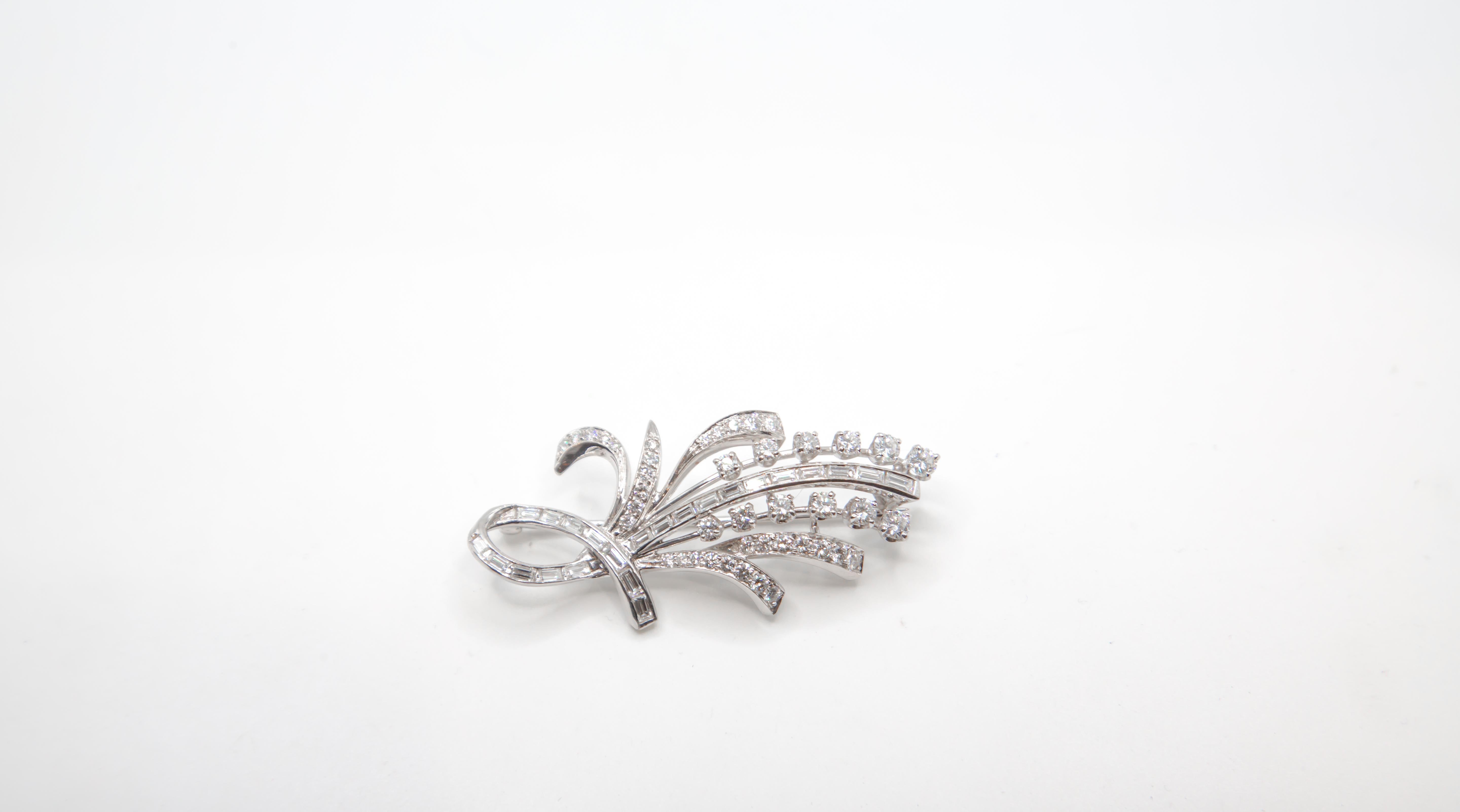 Modern Vintage 14K White Gold Diamond Spray Brooch  Mid-Century Floral Design For Sale
