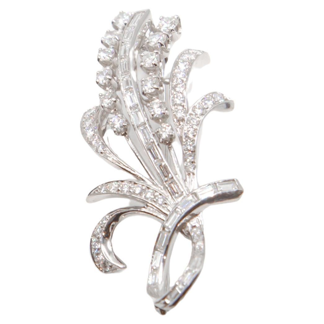 Vintage 14K White Gold Diamond Spray Brooch  Mid-Century Floral Design