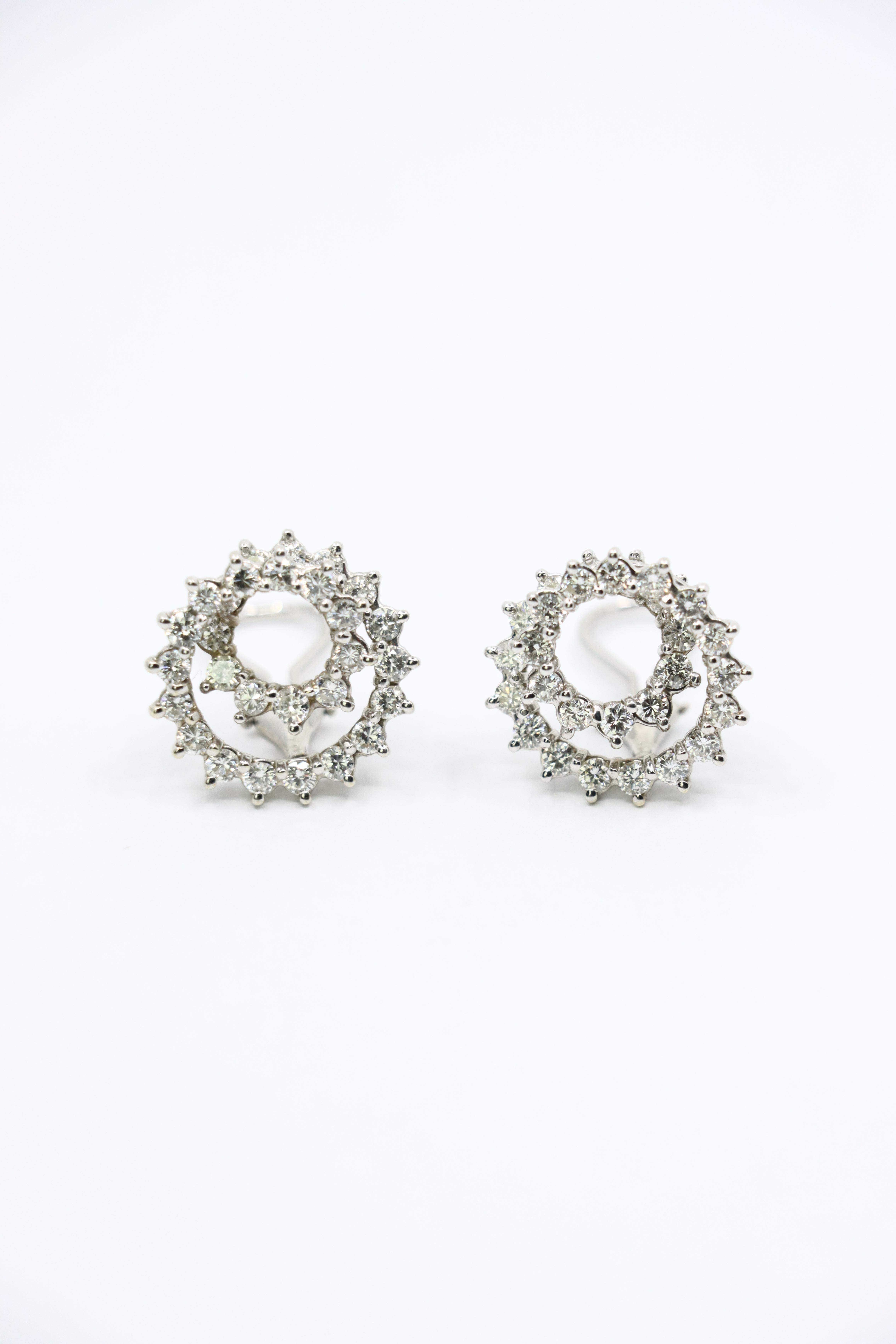 Brilliant Cut Vintage 14K White Gold Diamond Swirl Earrings For Sale