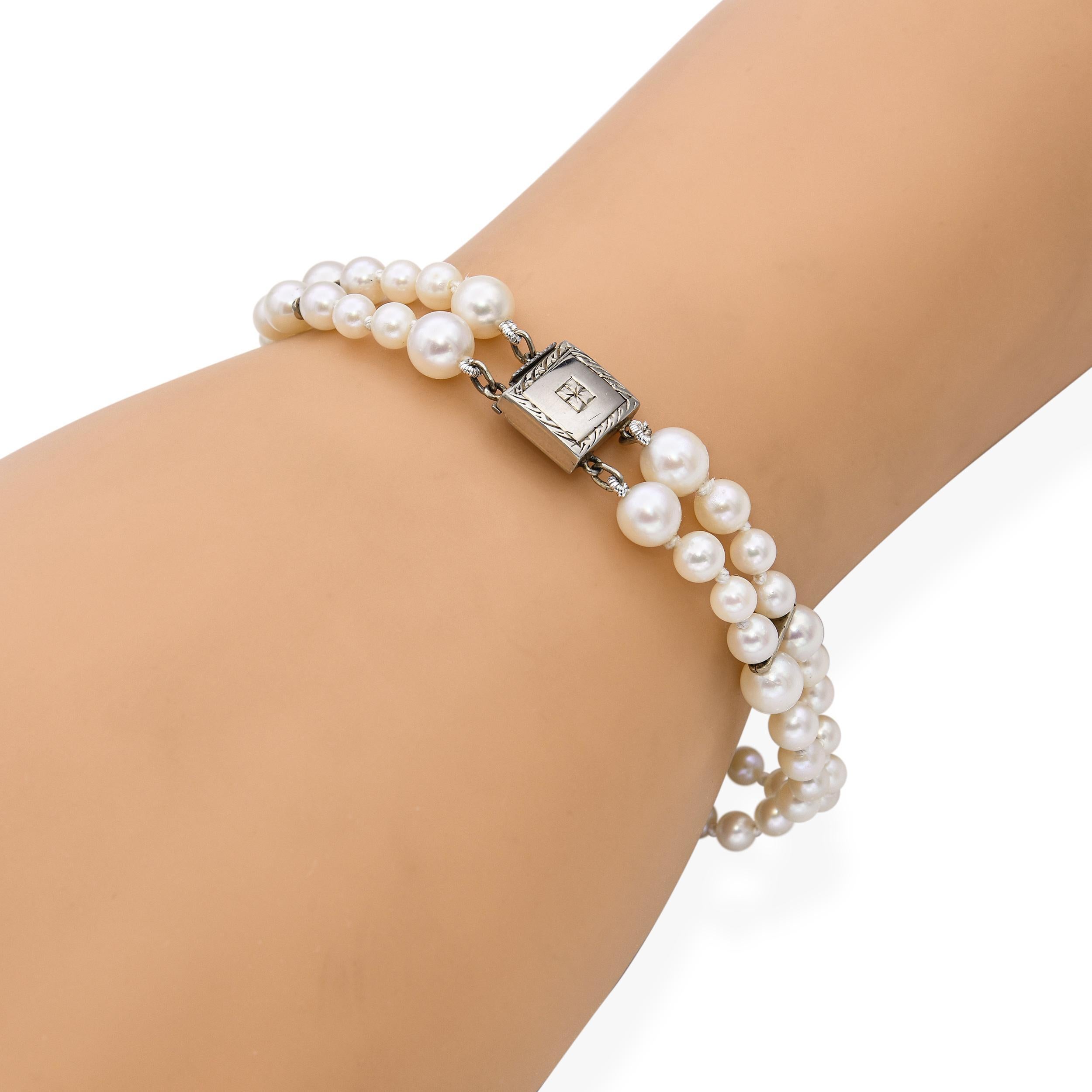 Bead Vintage 14k White Gold Double Strand Pearl Bracelet For Sale