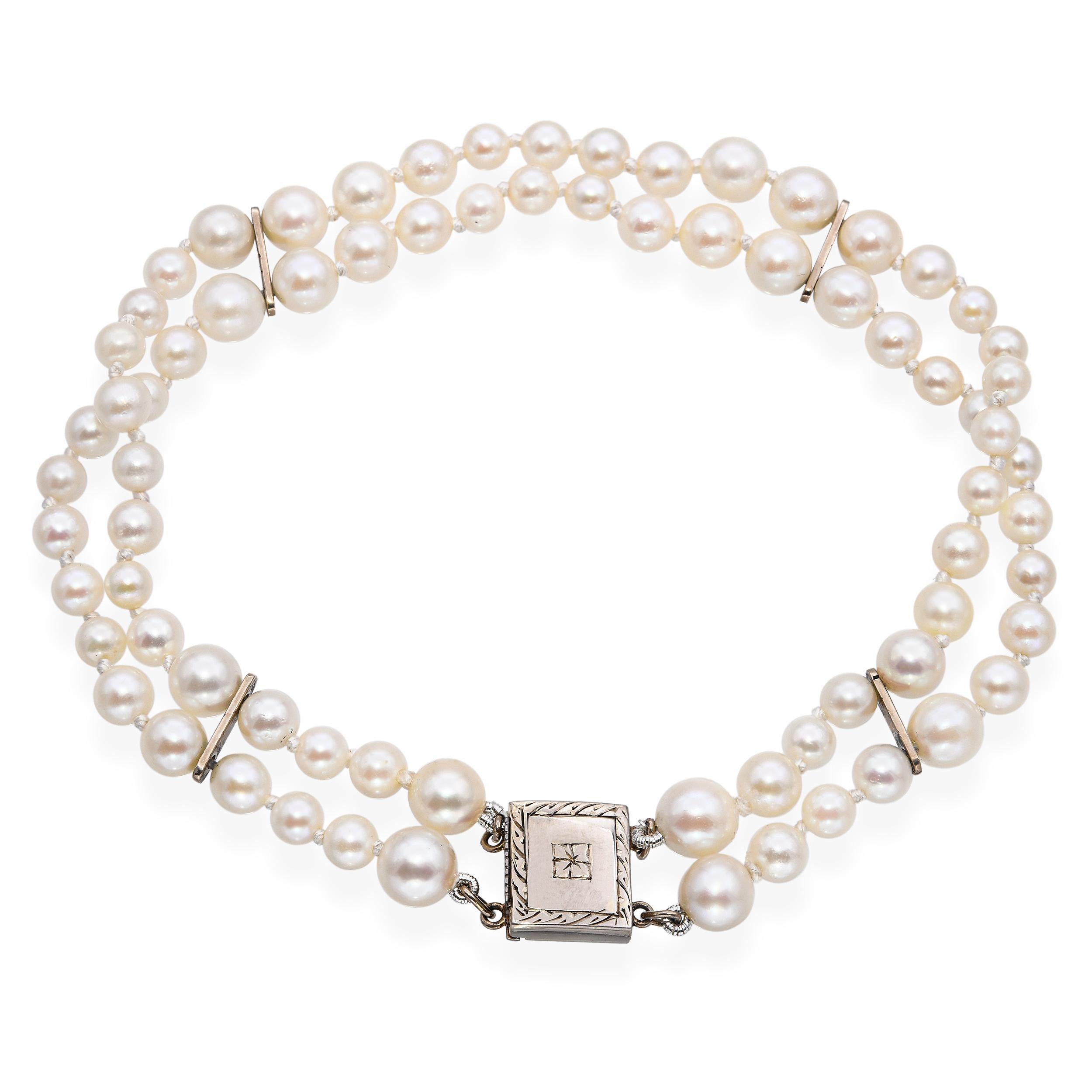 Women's Vintage 14k White Gold Double Strand Pearl Bracelet For Sale