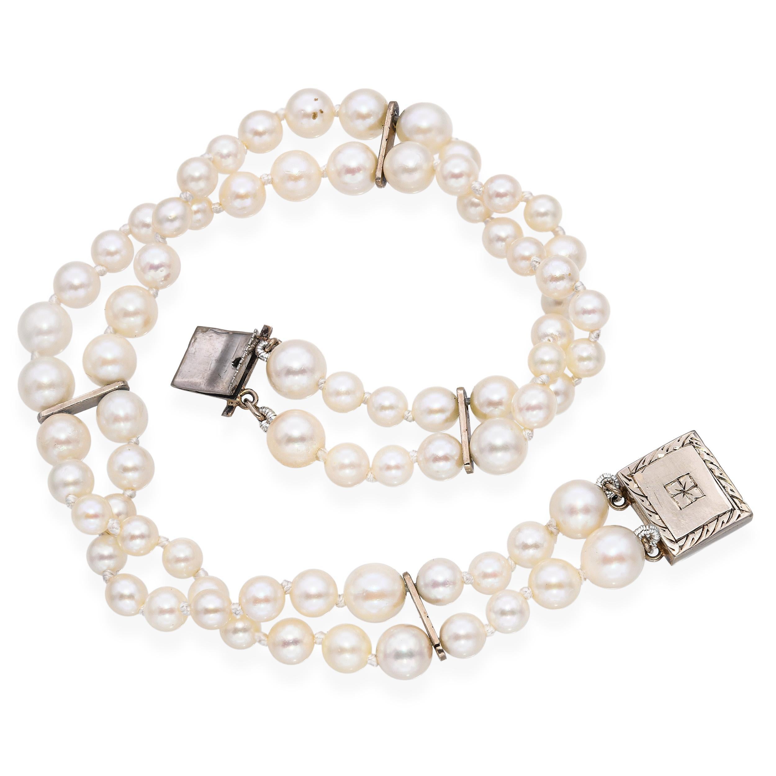 Vintage 14k White Gold Double Strand Pearl Bracelet For Sale 1