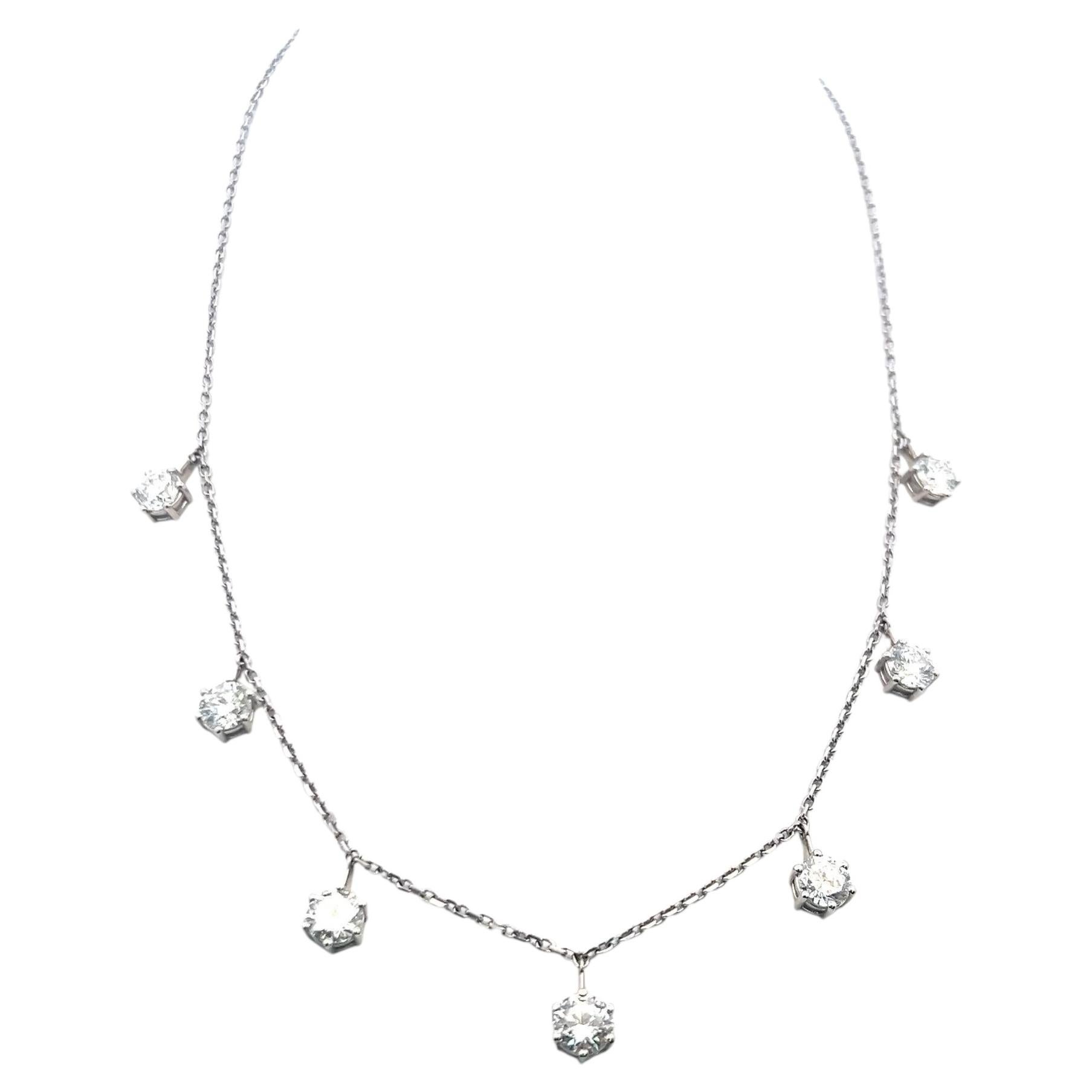 Vintage 14K White Gold Drop Necklace with 7.23 Carat Round Diamonds GIA E-H