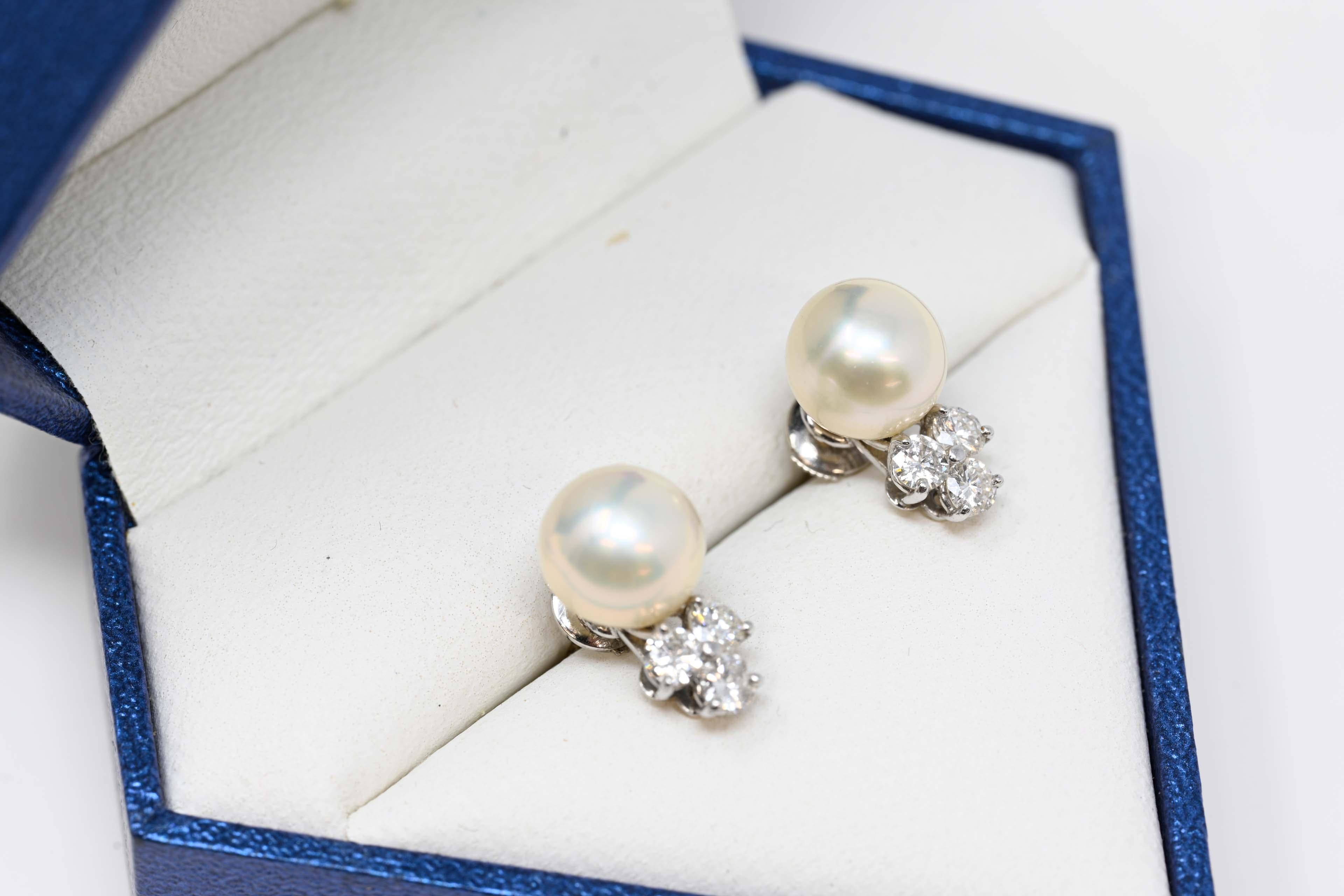 14k white gold earring set with 9 1/2-10mm Akoya pearl and 3 diamonds of .10ct each, clarity VVS-VS and color G. Stamped 14k  585, In good condition.