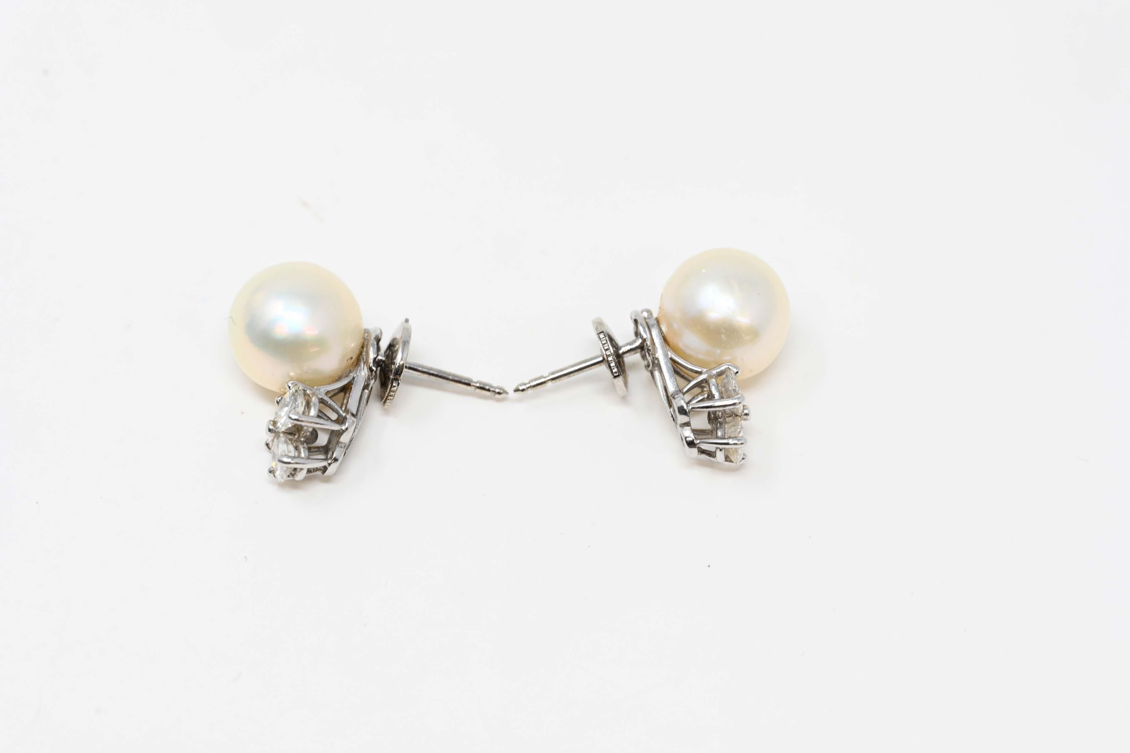 Brilliant Cut Vintage 14k White Gold Earrings Diamond & 10mm Pearl For Sale