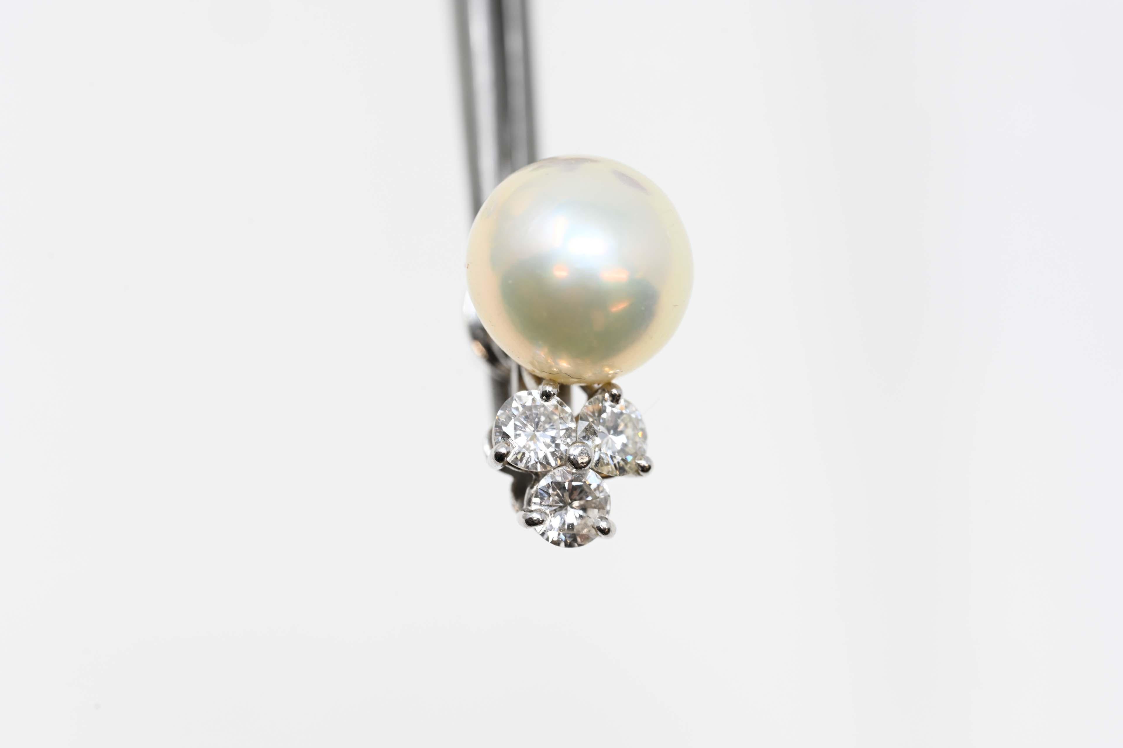Women's Vintage 14k White Gold Earrings Diamond & 10mm Pearl For Sale