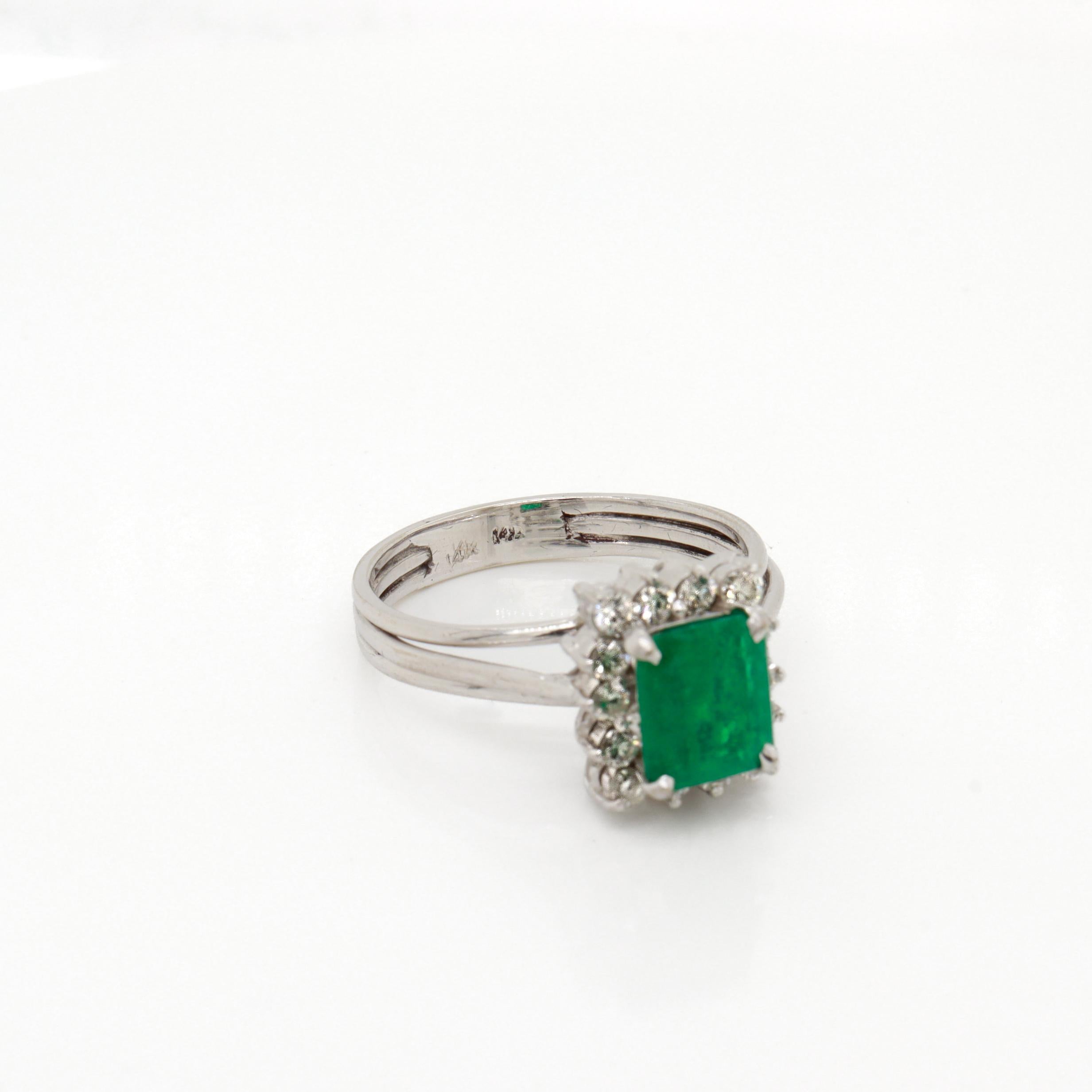 Vintage 14K White Gold, Emerald, and Diamond Cocktail Ring For Sale 5