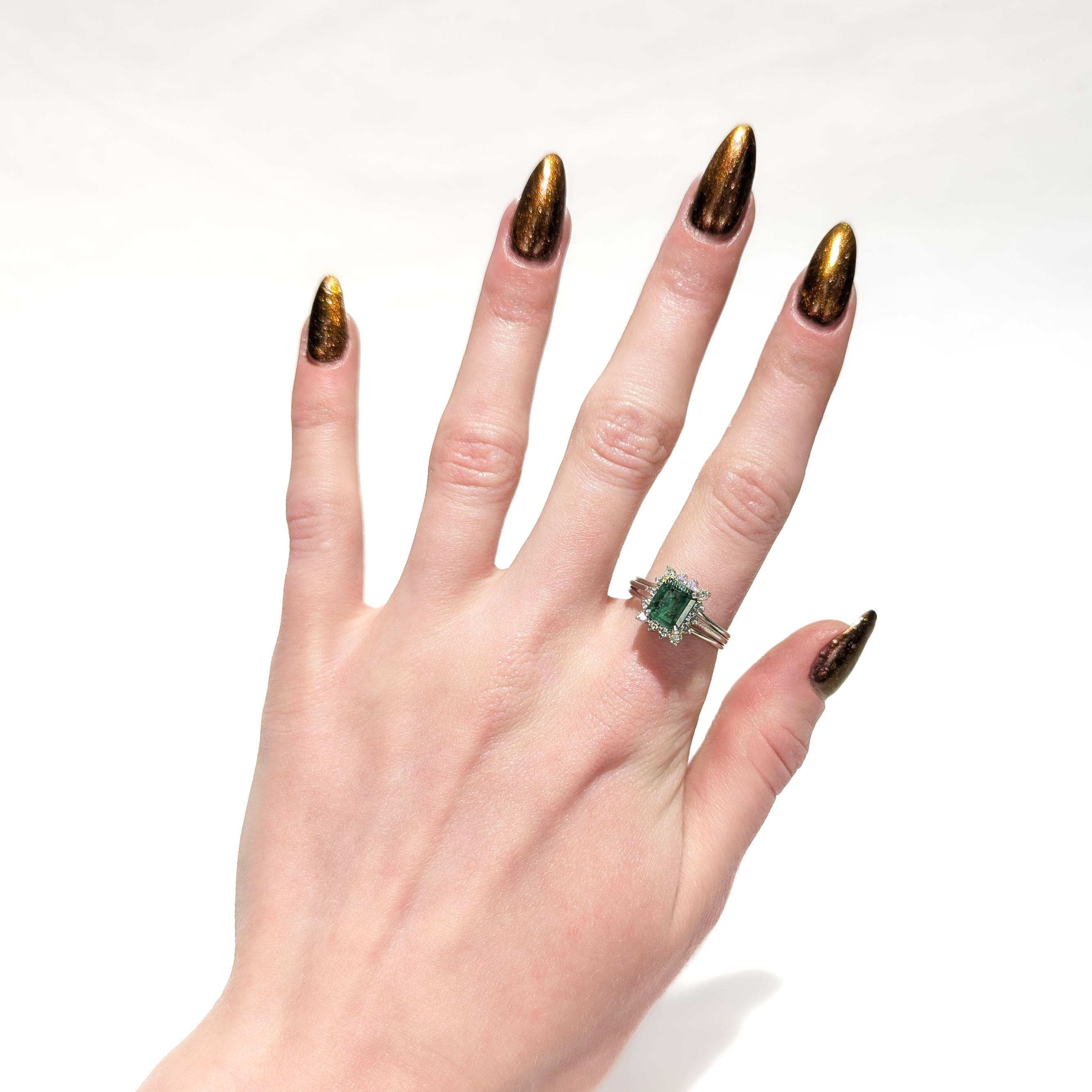 Emerald Cut Vintage 14K White Gold, Emerald, and Diamond Cocktail Ring For Sale