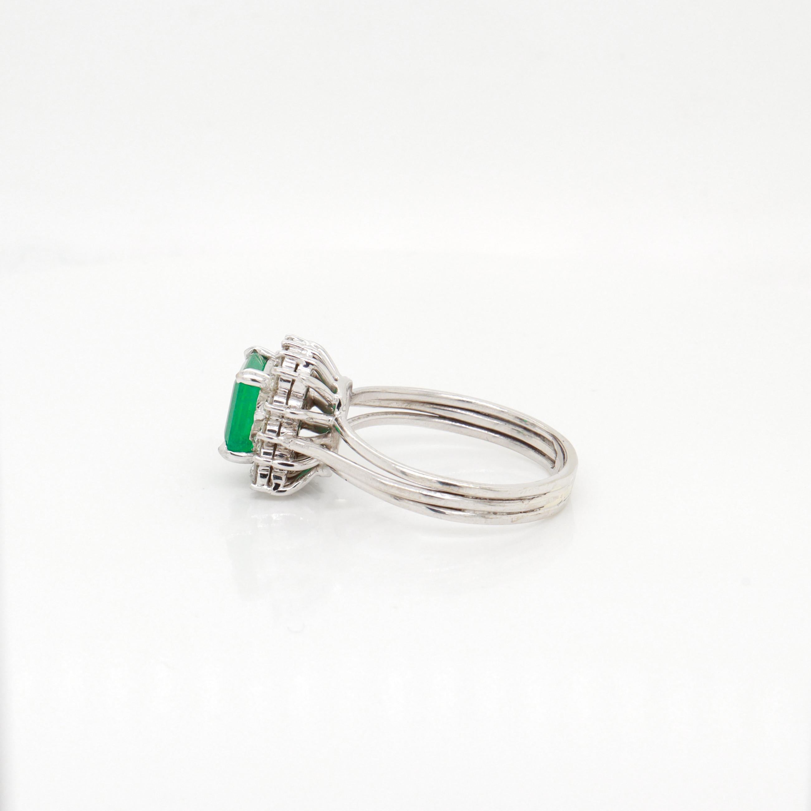 Vintage 14K White Gold, Emerald, and Diamond Cocktail Ring For Sale 2