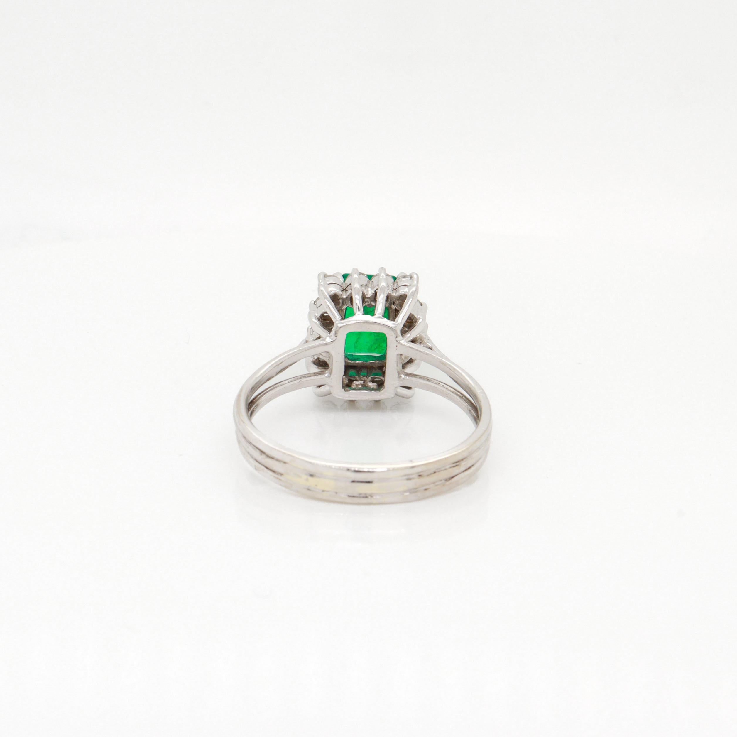 Vintage 14K White Gold, Emerald, and Diamond Cocktail Ring For Sale 3