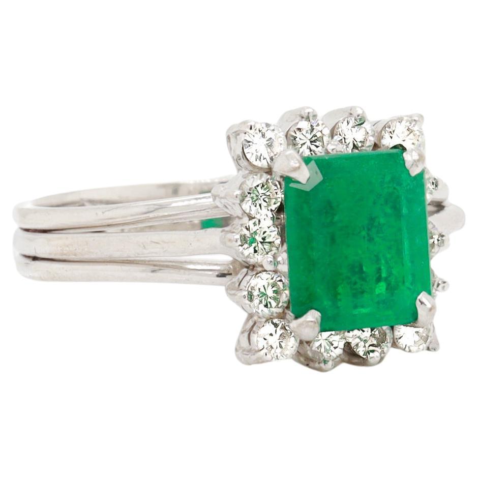 Vintage 14K White Gold, Emerald, and Diamond Cocktail Ring