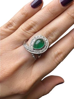 Vintage 14K White Gold Emerald Cabochon Diamond Swirl Ring