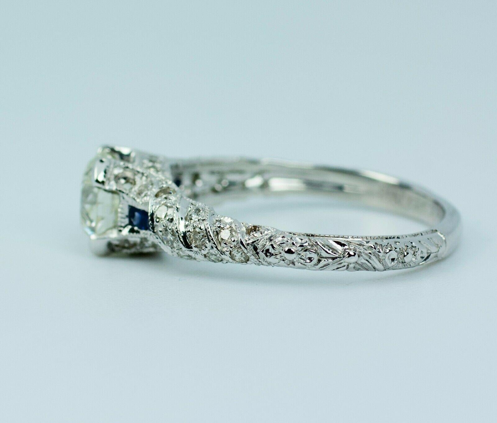 Art Deco Vintage 14k White Gold European Cut Center W/ Sapphire & Single Cut Diamond Ring