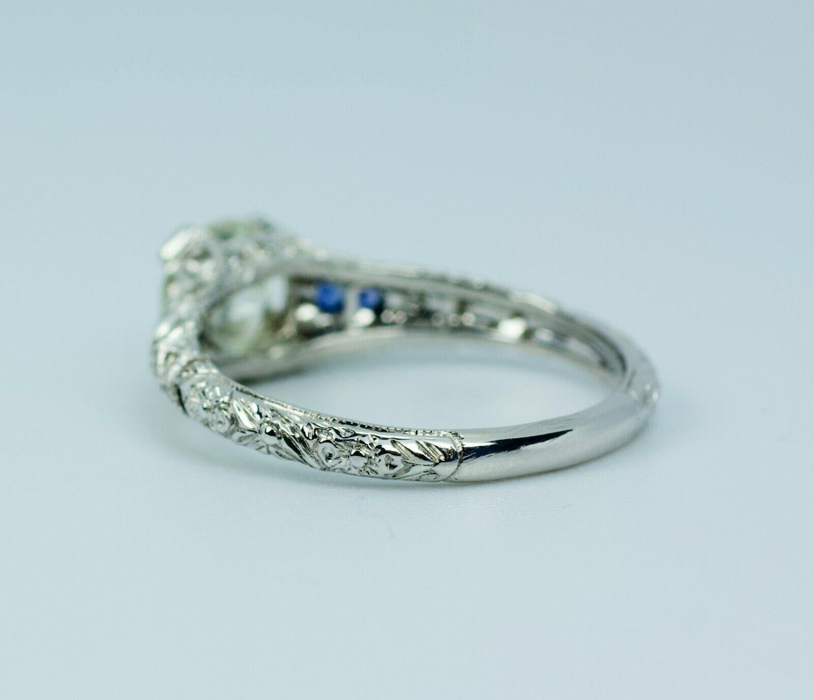 Old European Cut Vintage 14k White Gold European Cut Center W/ Sapphire & Single Cut Diamond Ring