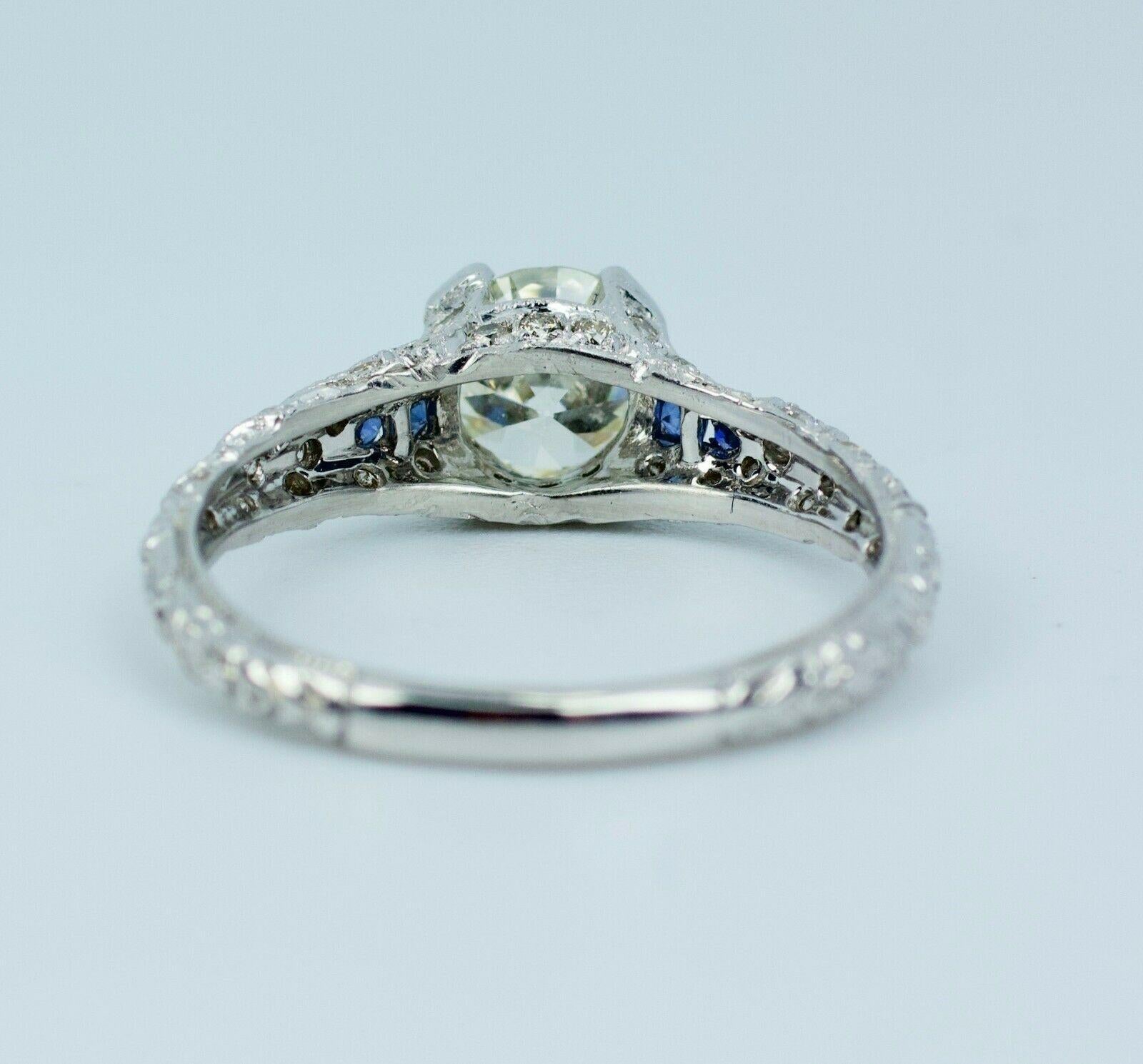 Vintage 14k White Gold European Cut Center W/ Sapphire & Single Cut Diamond Ring In Excellent Condition In Montgomery, AL