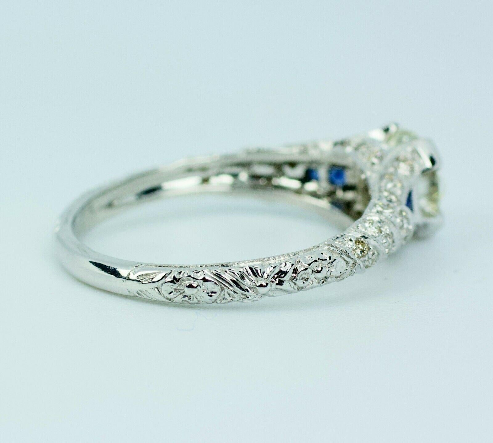 Women's Vintage 14k White Gold European Cut Center W/ Sapphire & Single Cut Diamond Ring