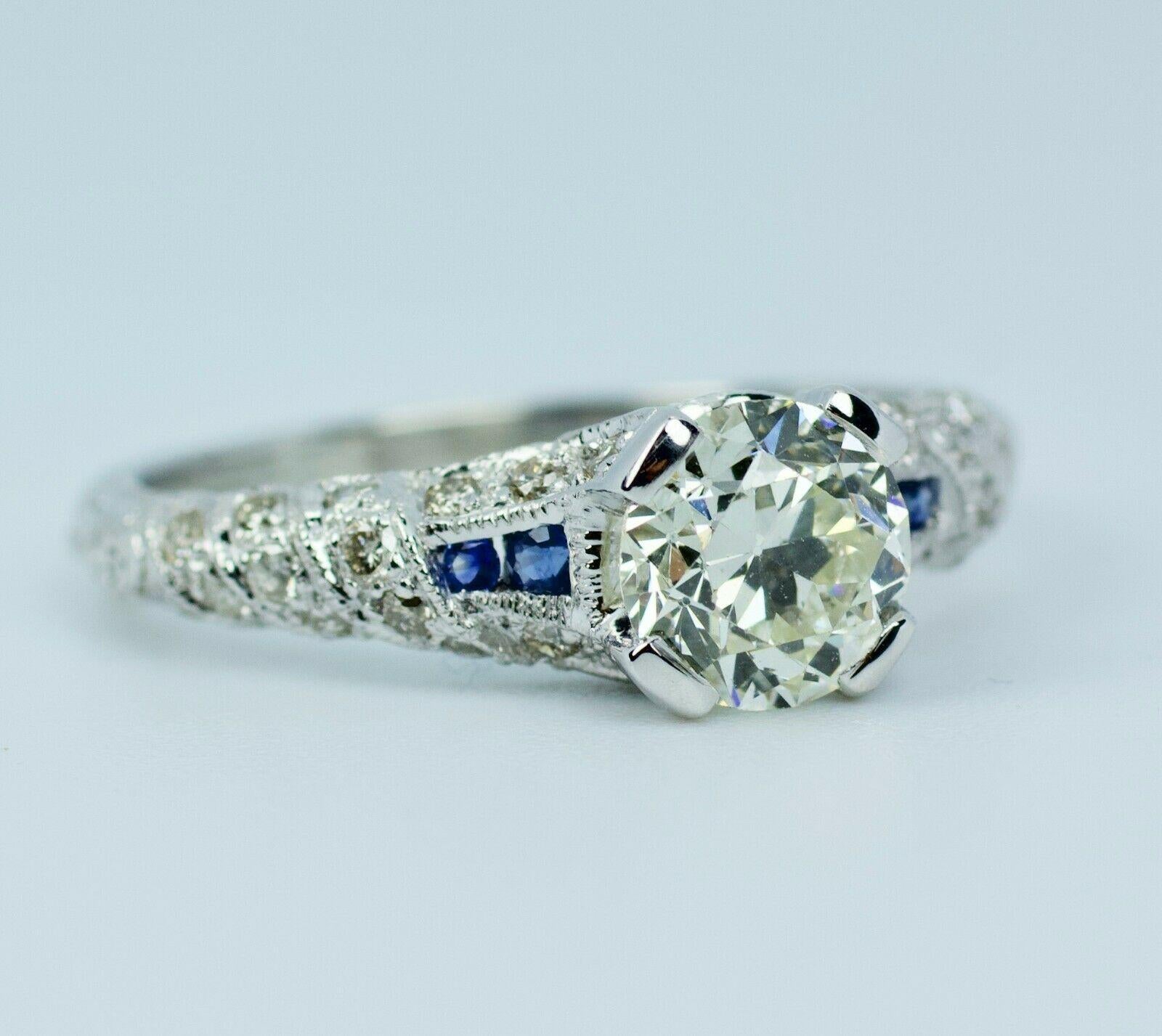 Vintage 14k White Gold European Cut Center W/ Sapphire & Single Cut Diamond Ring 2