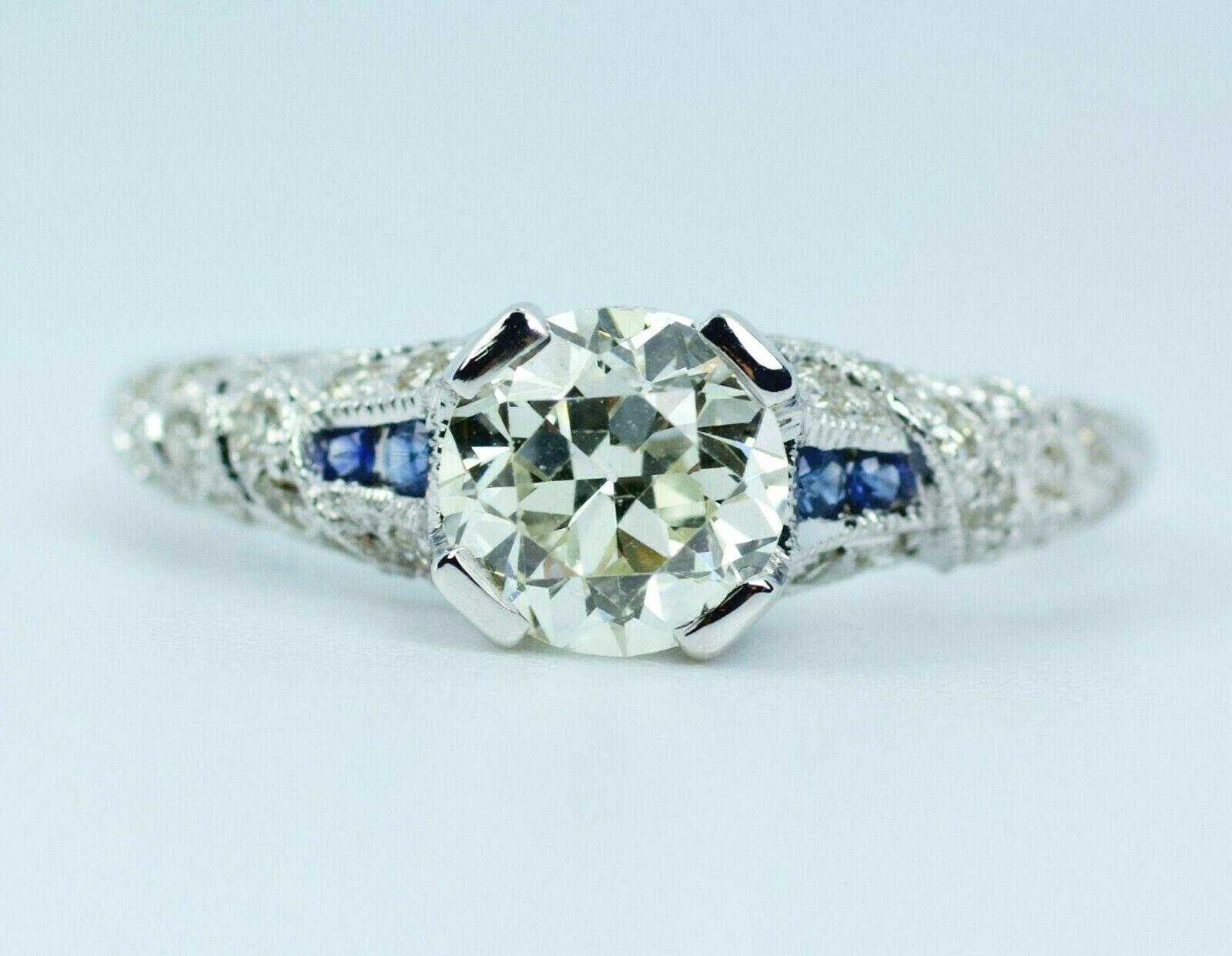 Vintage 14k White Gold European Cut Center W/ Sapphire & Single Cut Diamond Ring 3