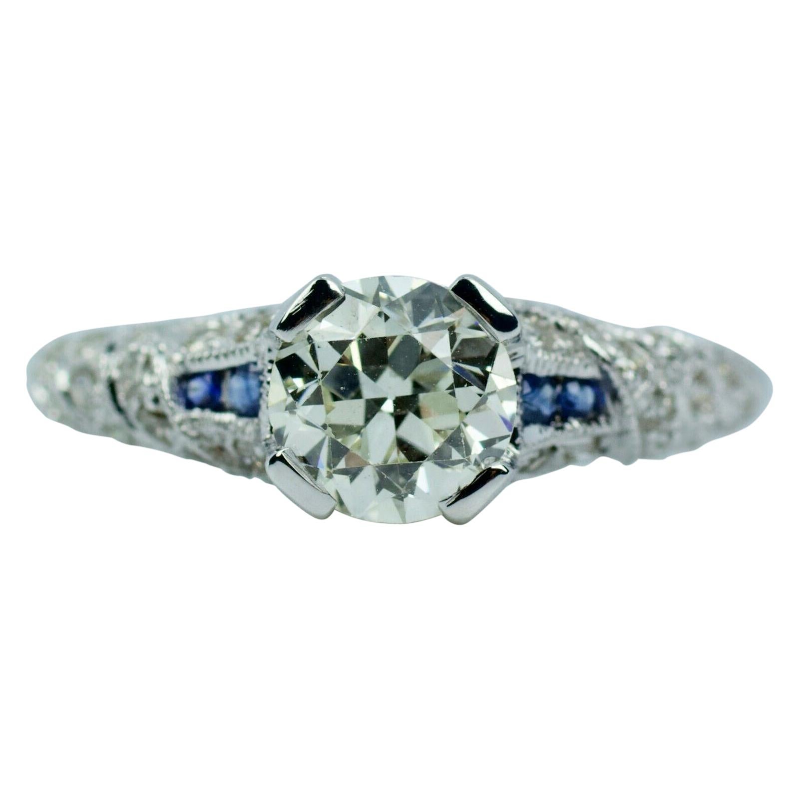 Vintage 14k White Gold European Cut Center W/ Sapphire & Single Cut Diamond Ring