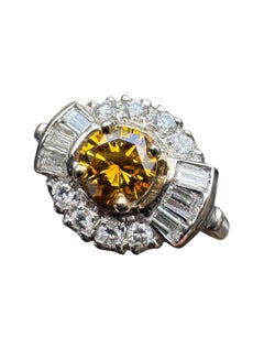 Vintage 14K White Gold Fancy Orange Yellow Brown Diamond Ring
