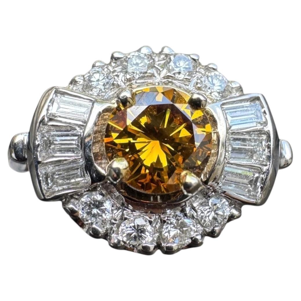 Vintage 14K White Gold Fancy Orange Yellow Brown Diamond Ring