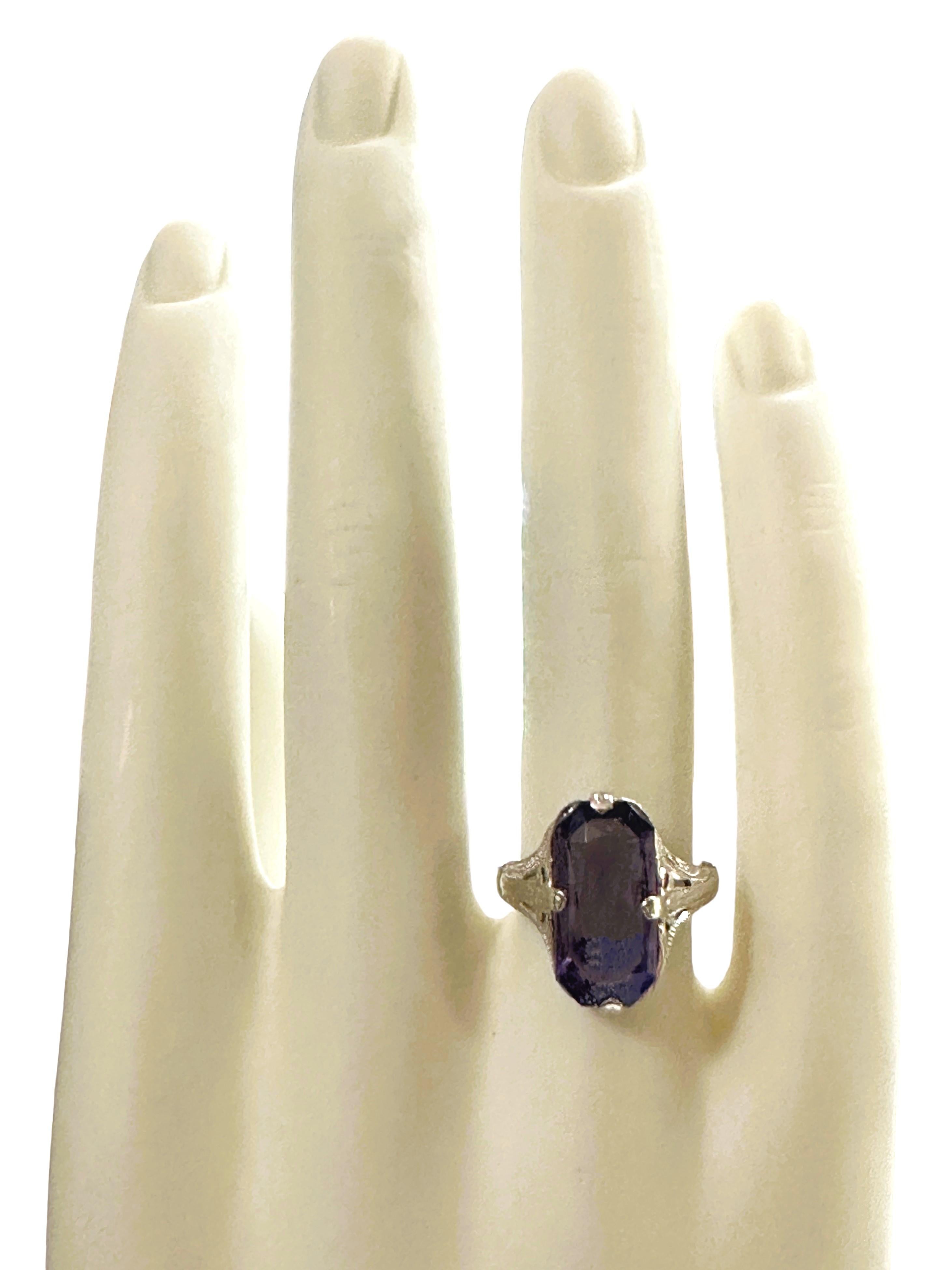 14k Weißgold filigraner lila Quarz-Ring Größe 7,5 (Baguetteschliff)