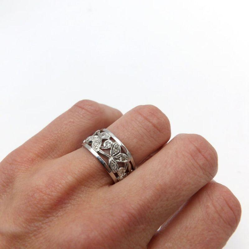 Brilliant Cut Vintage 14K White Gold Foliate Diamond Ring with Reticulated Leaves For Sale