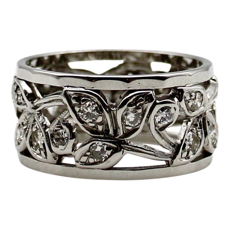 Vintage 14K Weißgold Blatt-Diamantring mit netzförmigen Blättern