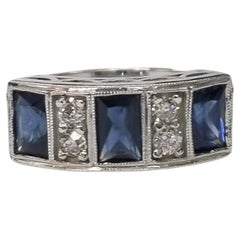 Vintage 14k White gold "French cut" Sapphire & "Rose cut"  Diamond Ring