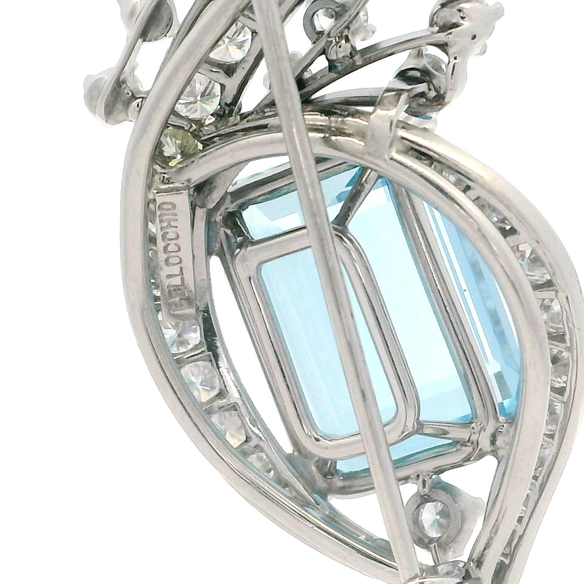 Vintage 14k White Gold GIA 13.70ctw High Quality Aquamarine & Diamond Pin Brooch For Sale 5