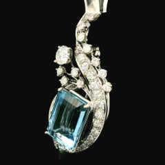 Vintage 14k White Gold GIA 13.70ctw High Quality Aquamarine & Diamond Pin Brooch