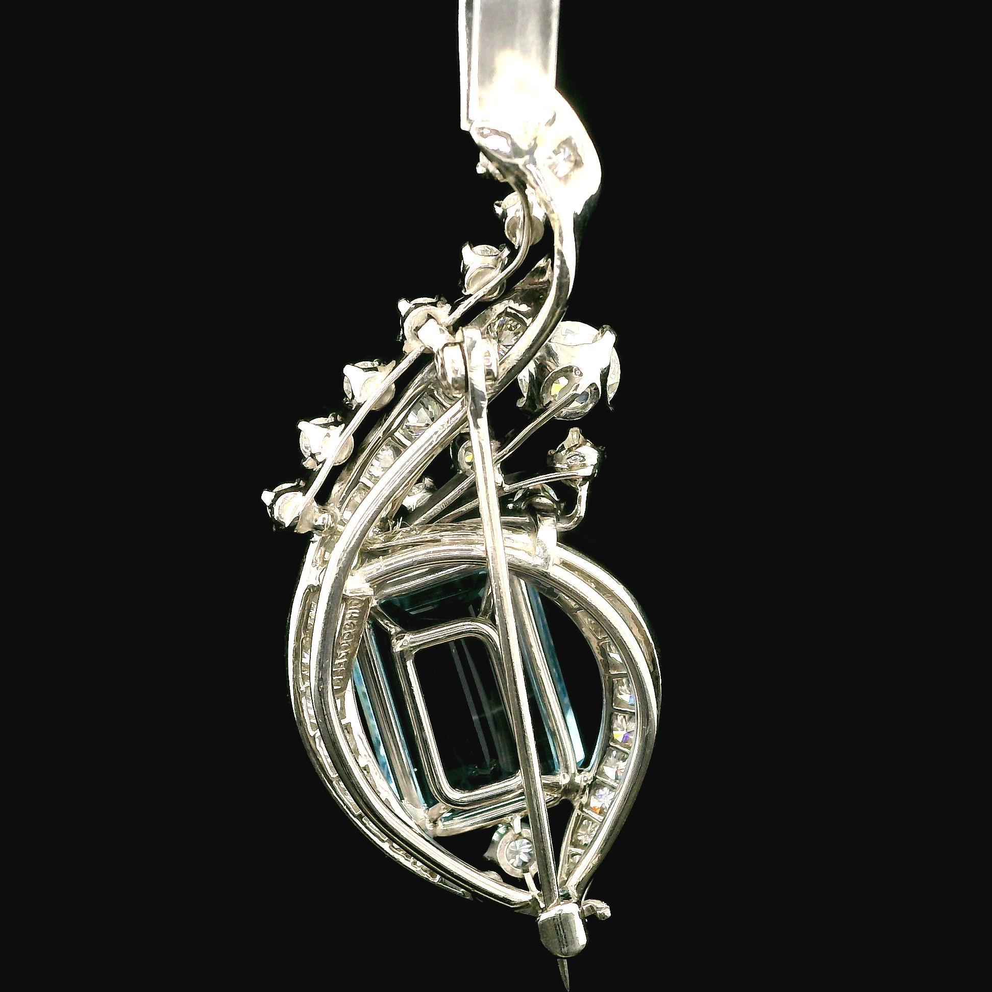 Octagon Cut Vintage 14k White Gold GIA 13.70ctw High Quality Aquamarine & Diamond Pin Brooch For Sale