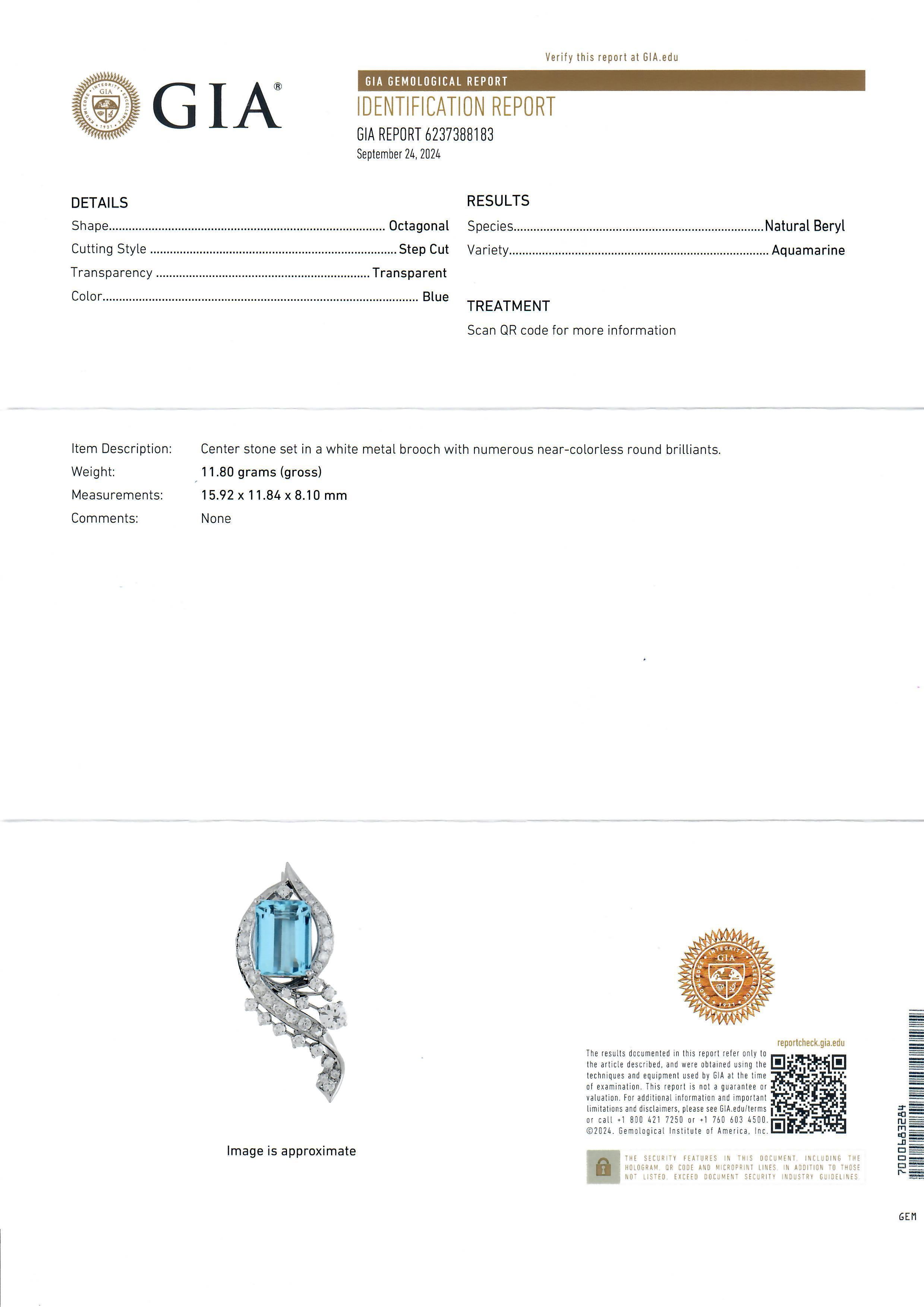 Vintage 14k White Gold GIA 13.70ctw High Quality Aquamarine & Diamond Pin Brooch In Excellent Condition For Sale In Montclair, NJ