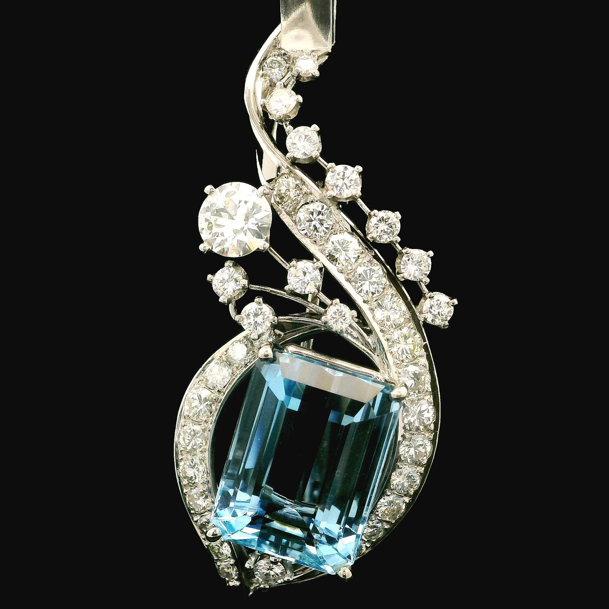 Women's Vintage 14k White Gold GIA 13.70ctw High Quality Aquamarine & Diamond Pin Brooch For Sale
