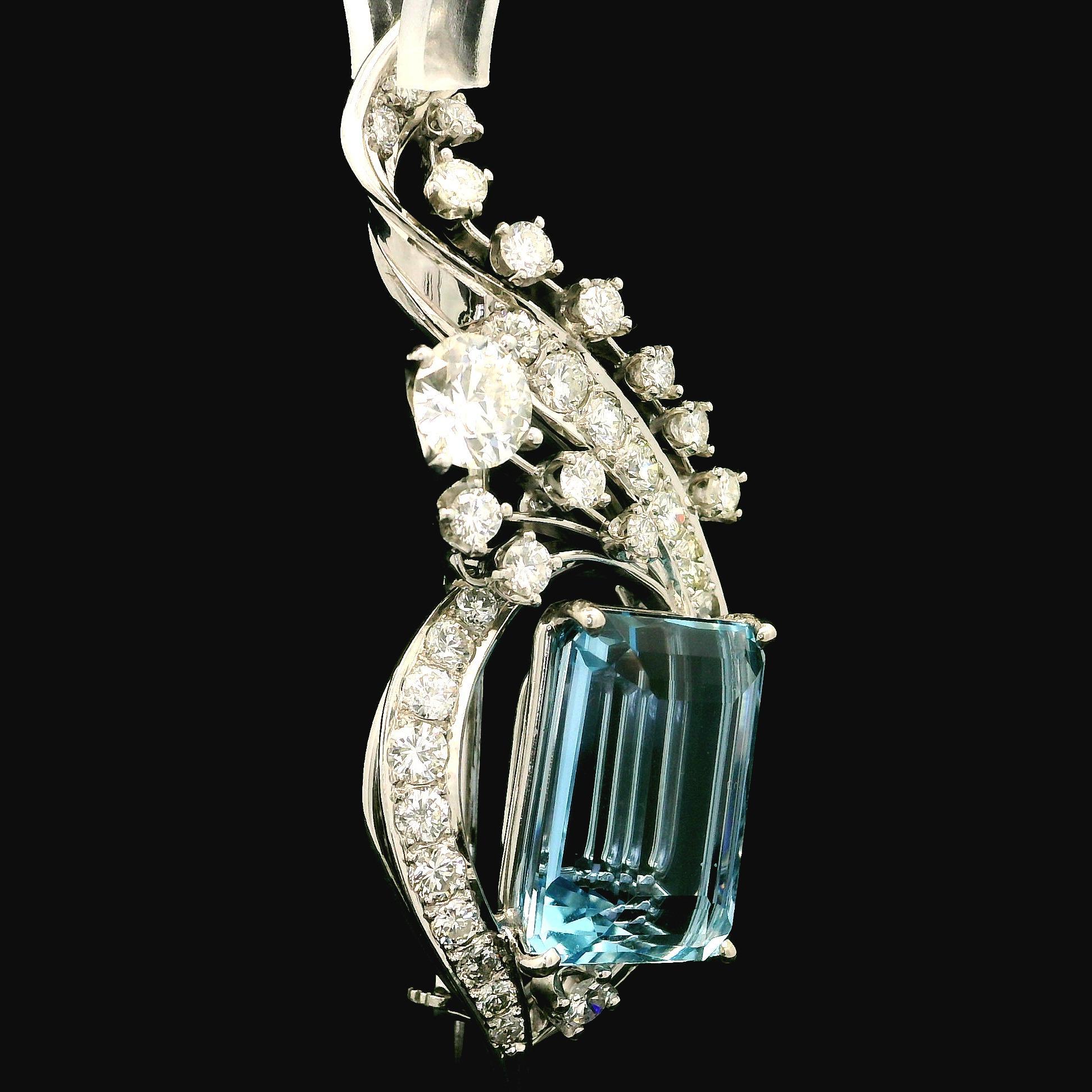 Vintage 14k White Gold GIA 13.70ctw High Quality Aquamarine & Diamond Pin Brooch For Sale 1