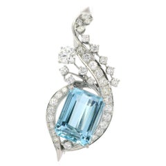Vintage 14k White Gold GIA 13.70ctw High Quality Aquamarine & Diamond Pin Brooch