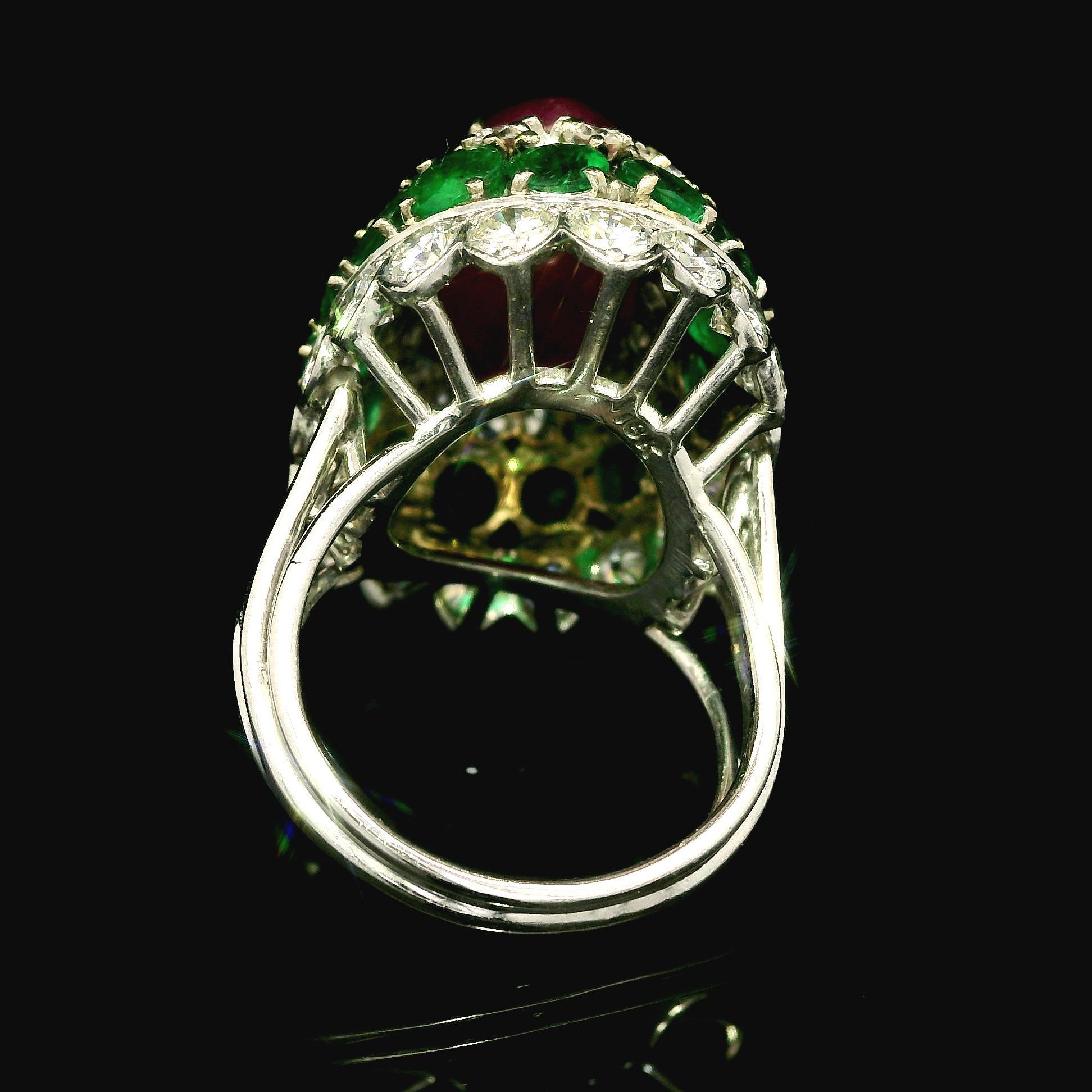 Vintage 14k White Gold GIA 26.4ctw Ruby Emerald Diamond Handmade Bombe Ring For Sale 5