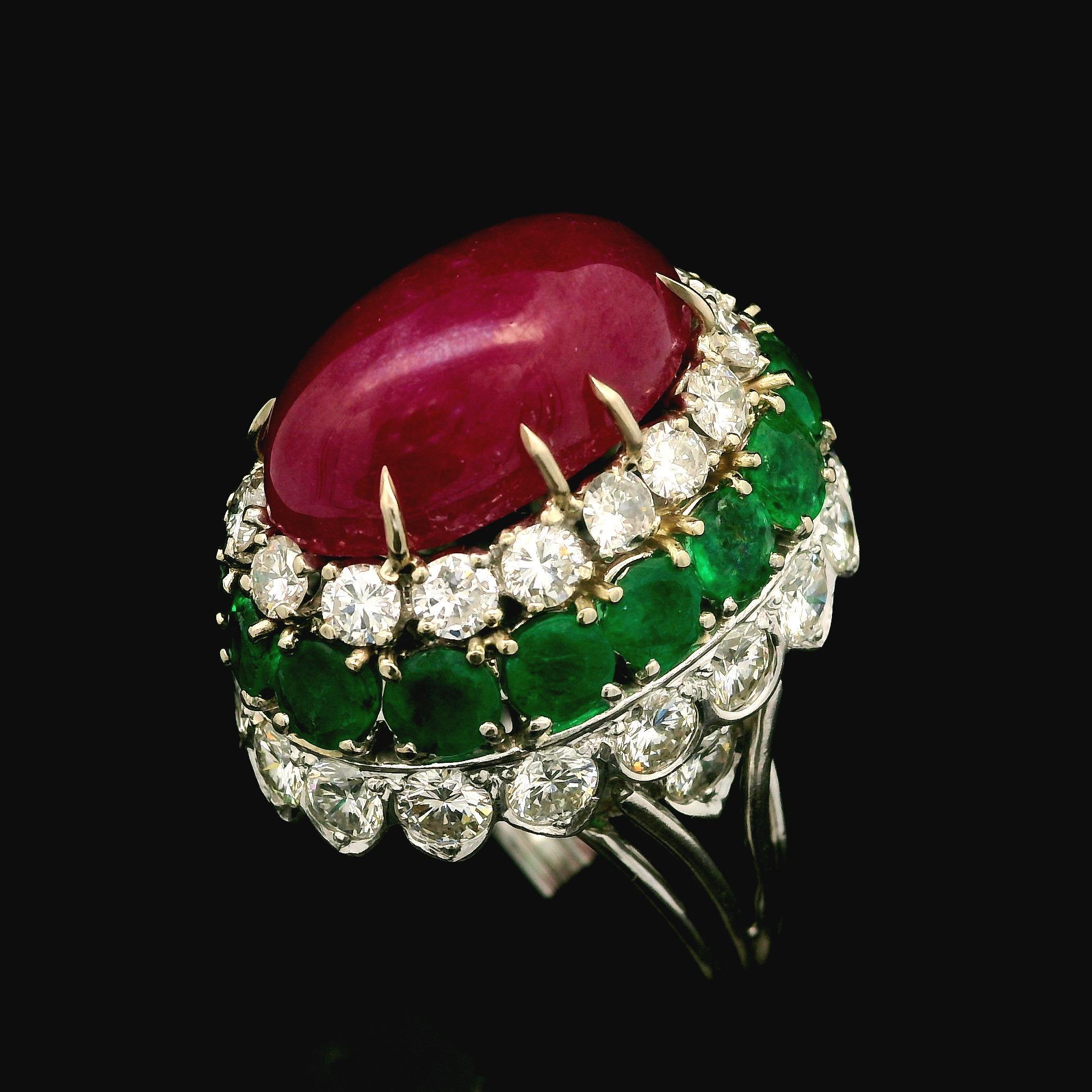 Vintage 14k White Gold GIA 26.4ctw Ruby Emerald Diamond Handmade Bombe Ring For Sale 6