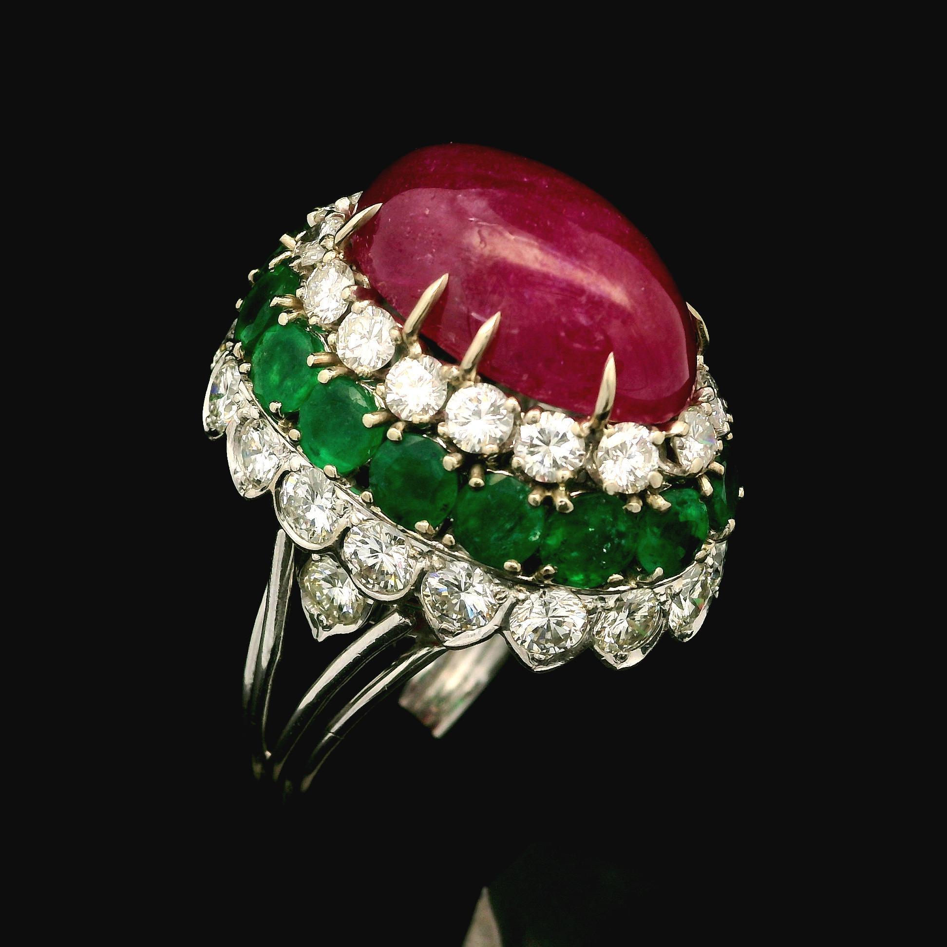 Vintage 14k White Gold GIA 26.4ctw Ruby Emerald Diamond Handmade Bombe Ring For Sale 7