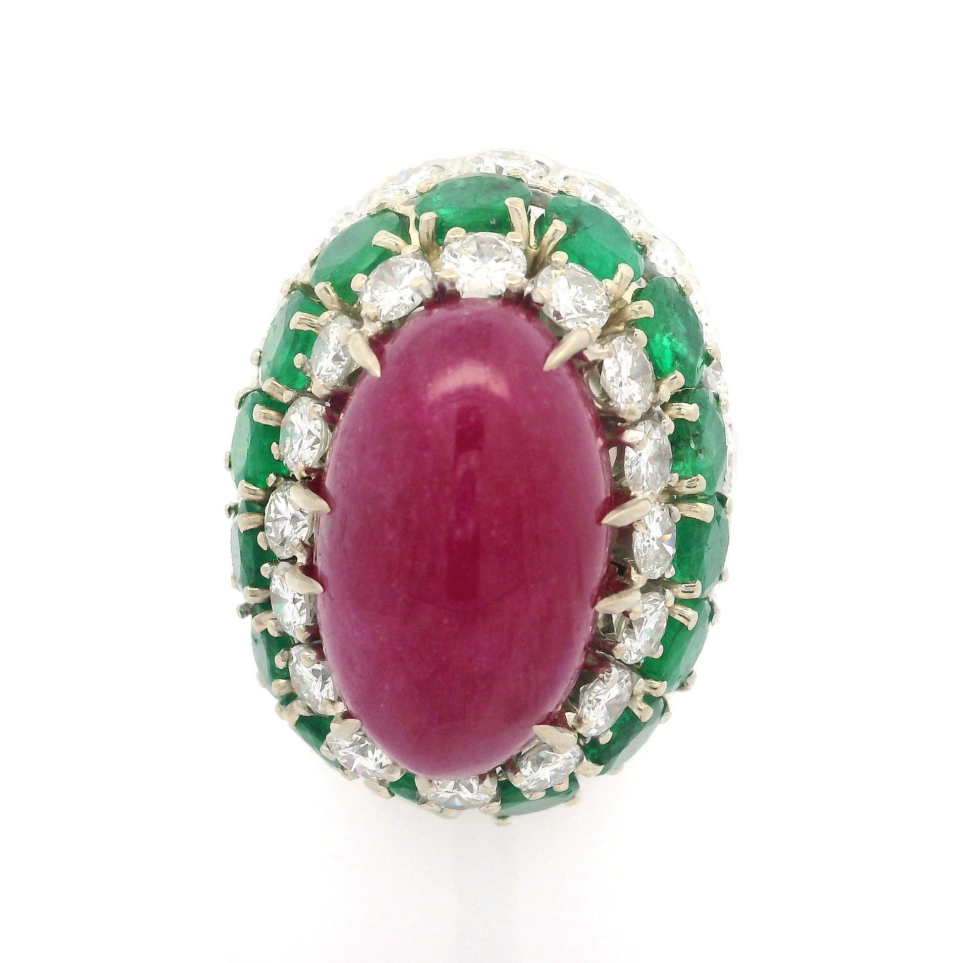 Vintage 14k White Gold GIA 26.4ctw Ruby Emerald Diamond Handmade Bombe Ring For Sale 8