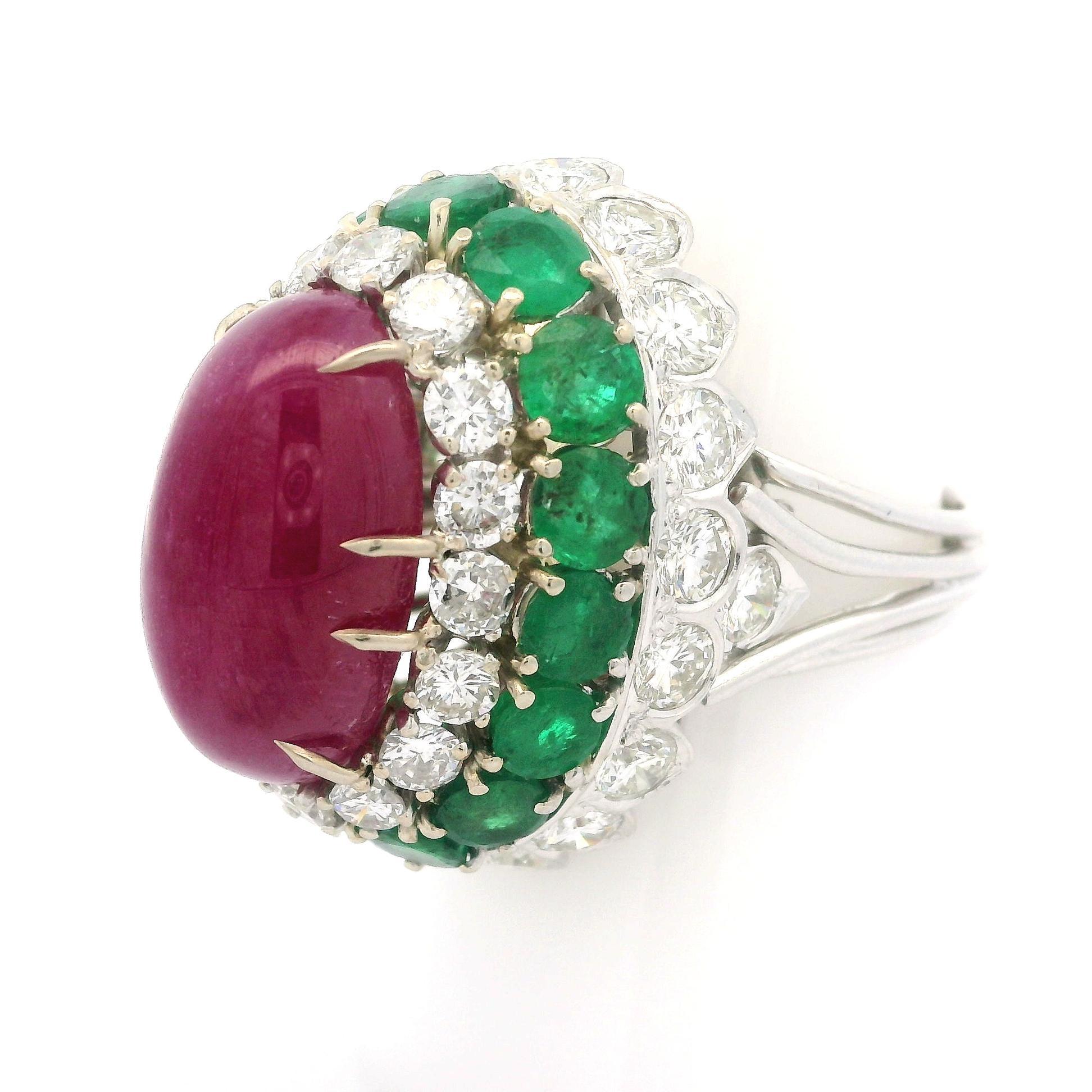 Vintage 14k White Gold GIA 26.4ctw Ruby Emerald Diamond Handmade Bombe Ring For Sale 9