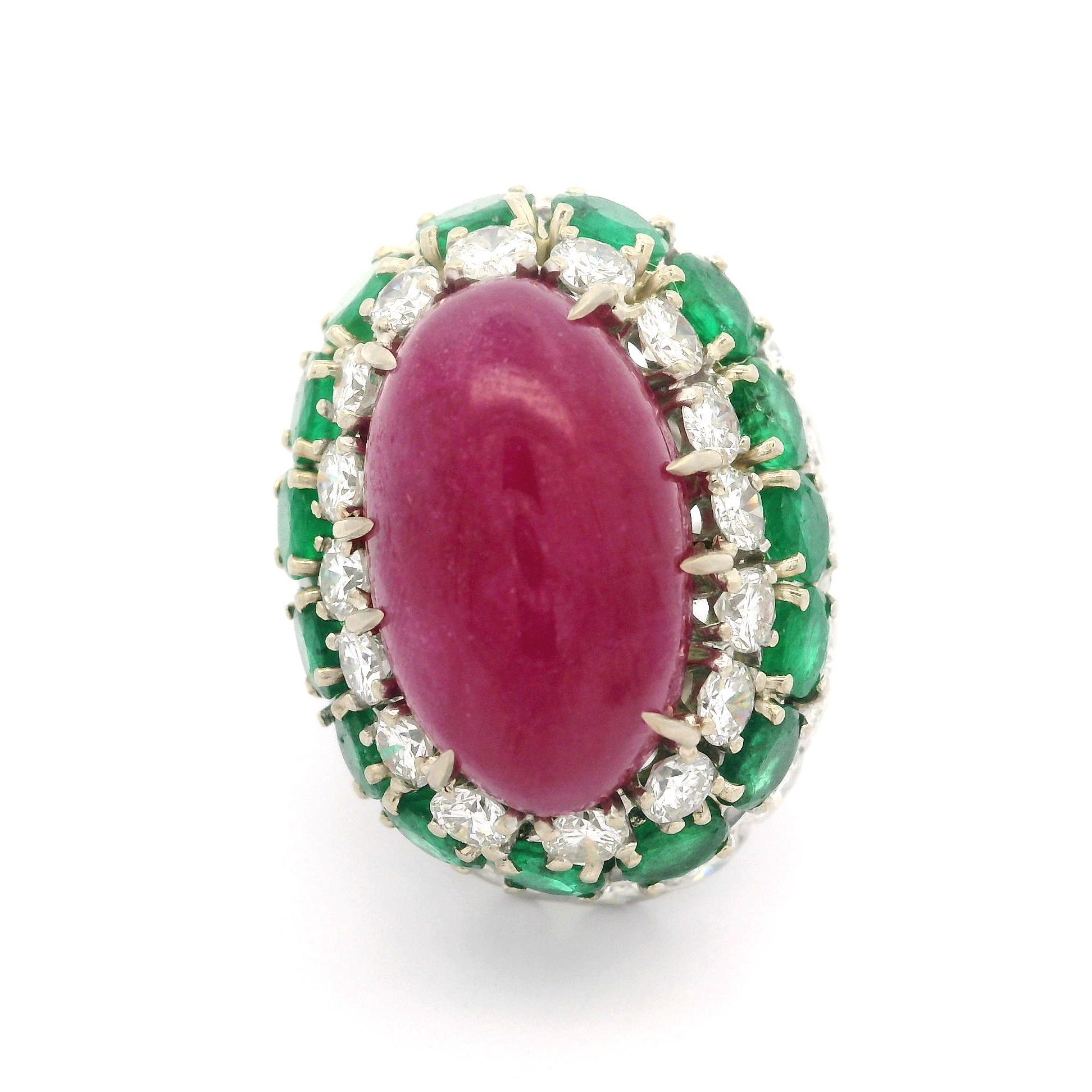 Vintage 14k White Gold GIA 26.4ctw Ruby Emerald Diamond Handmade Bombe Ring For Sale 11