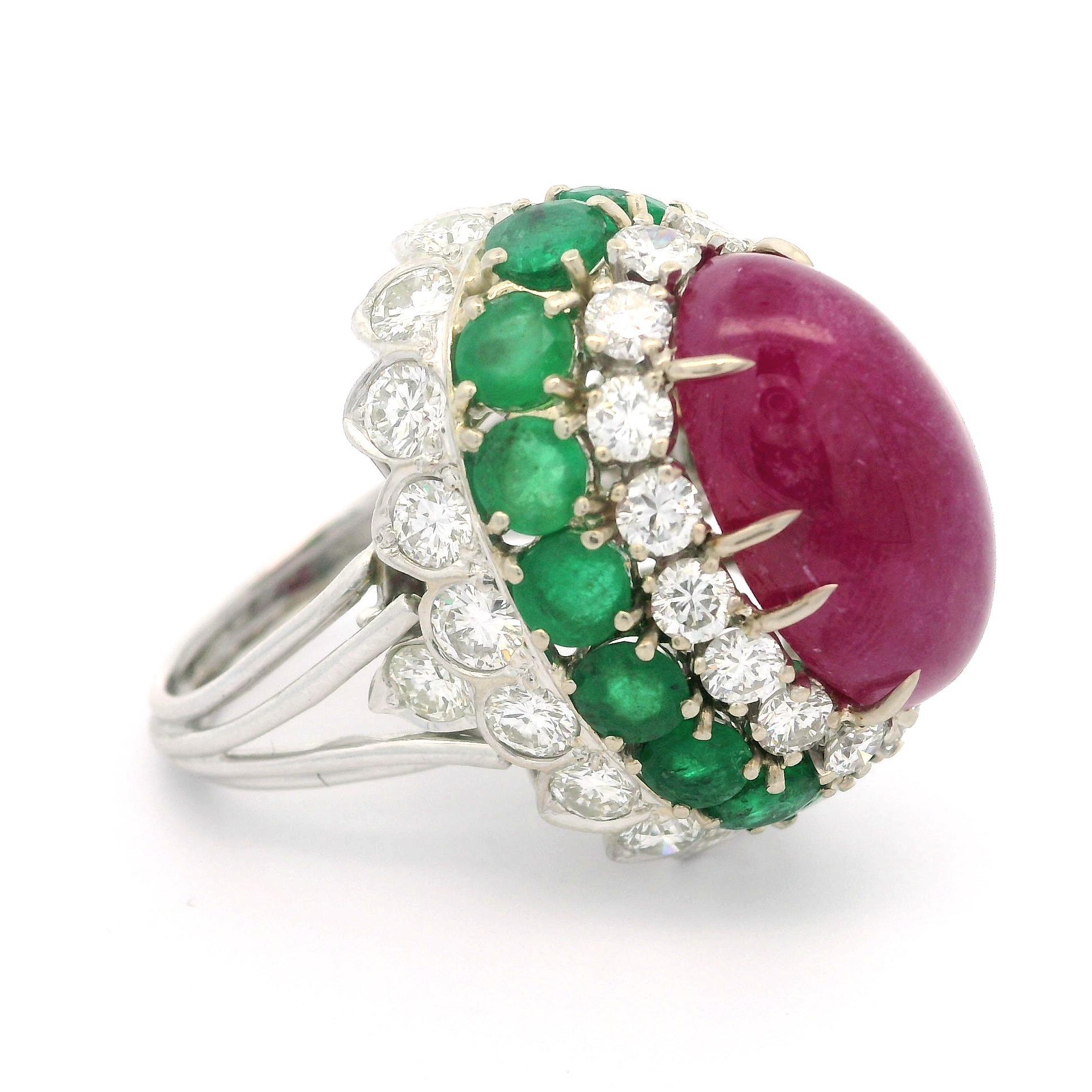 Vintage 14k White Gold GIA 26.4ctw Ruby Emerald Diamond Handmade Bombe Ring For Sale 12