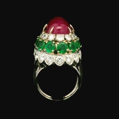 Vintage 14k White Gold GIA 26.4ctw Ruby Emerald Diamond Handmade Bombe Ring