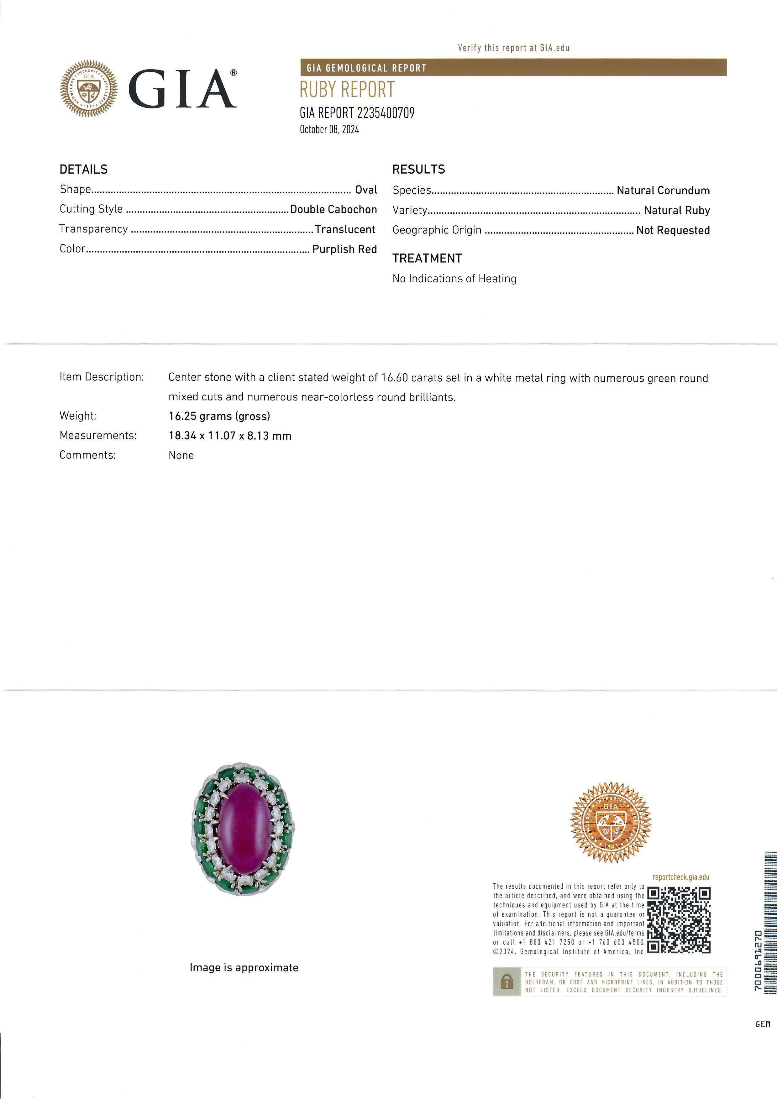 Cabochon Vintage 14k White Gold GIA 26.4ctw Ruby Emerald Diamond Handmade Bombe Ring For Sale